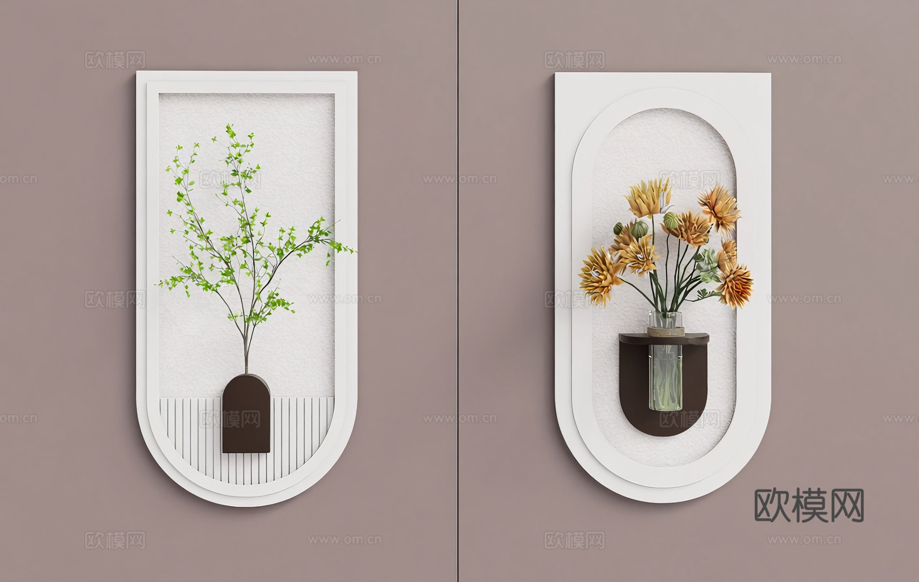现代简约墙面装饰 拱形画框 仿真植物  干花瓶花 玻璃花瓶su模型