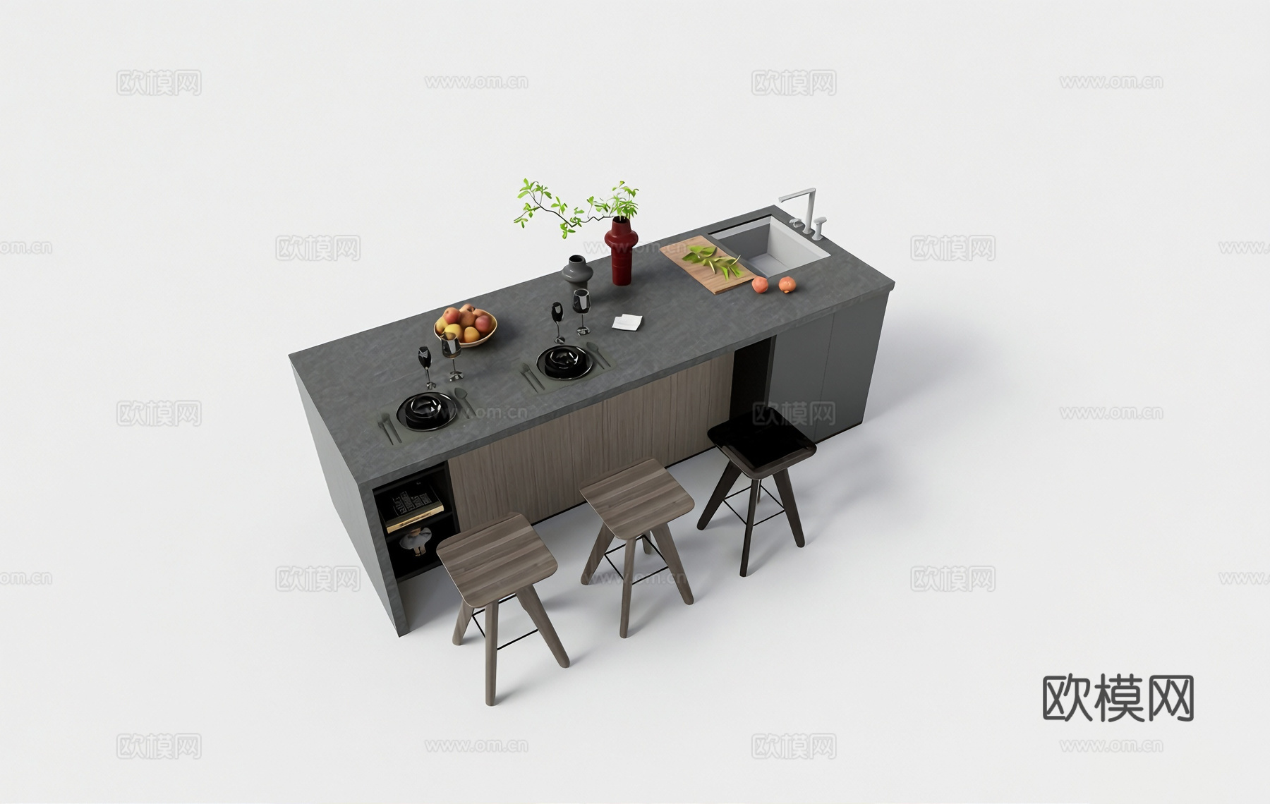 厨房岛台 开放式厨房吧台 厨房中岛 高脚凳吧台凳 餐具果盘花su模型