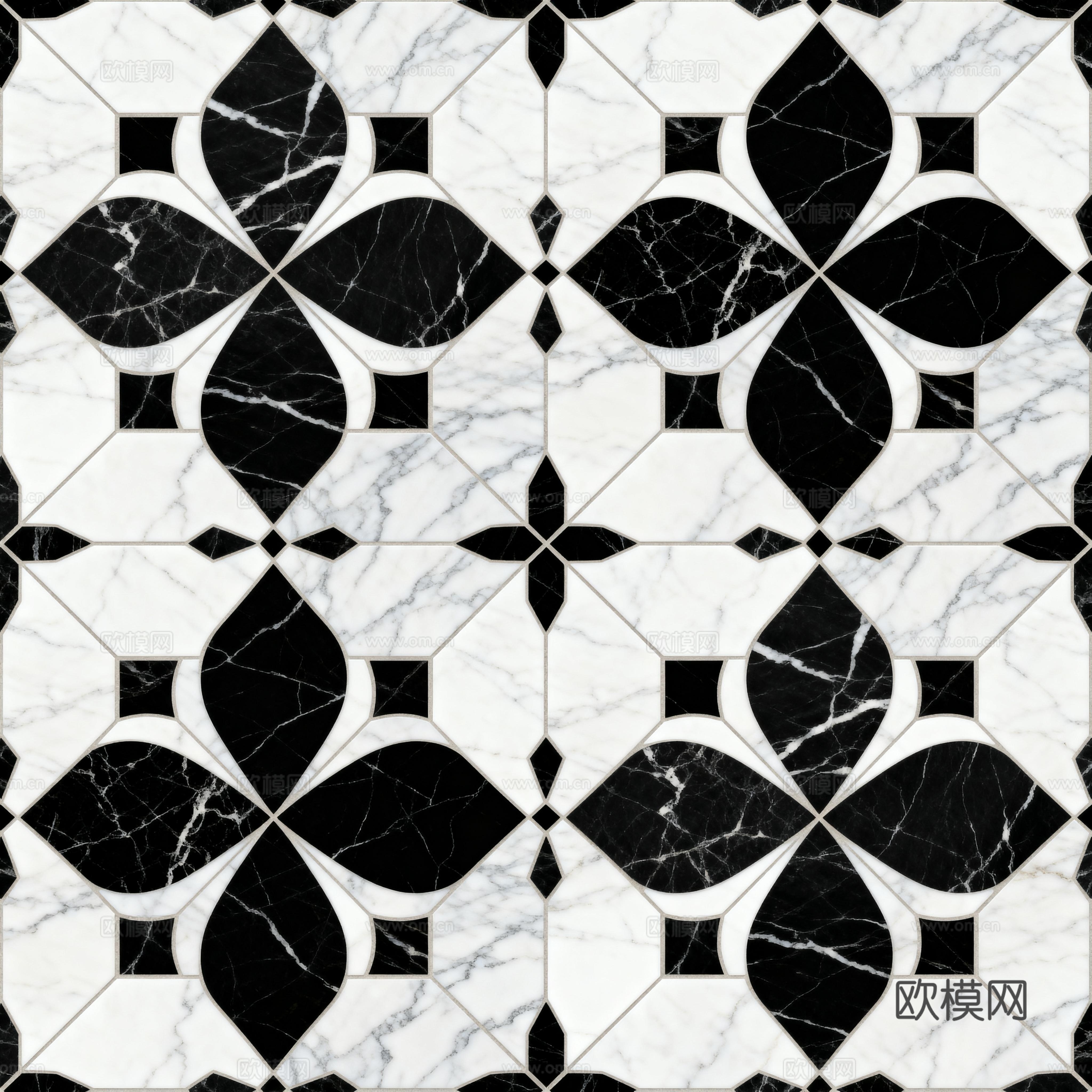 现代花砖 黑白石材拼花 花卉几何图案水刀石材拼花 石材马赛克
