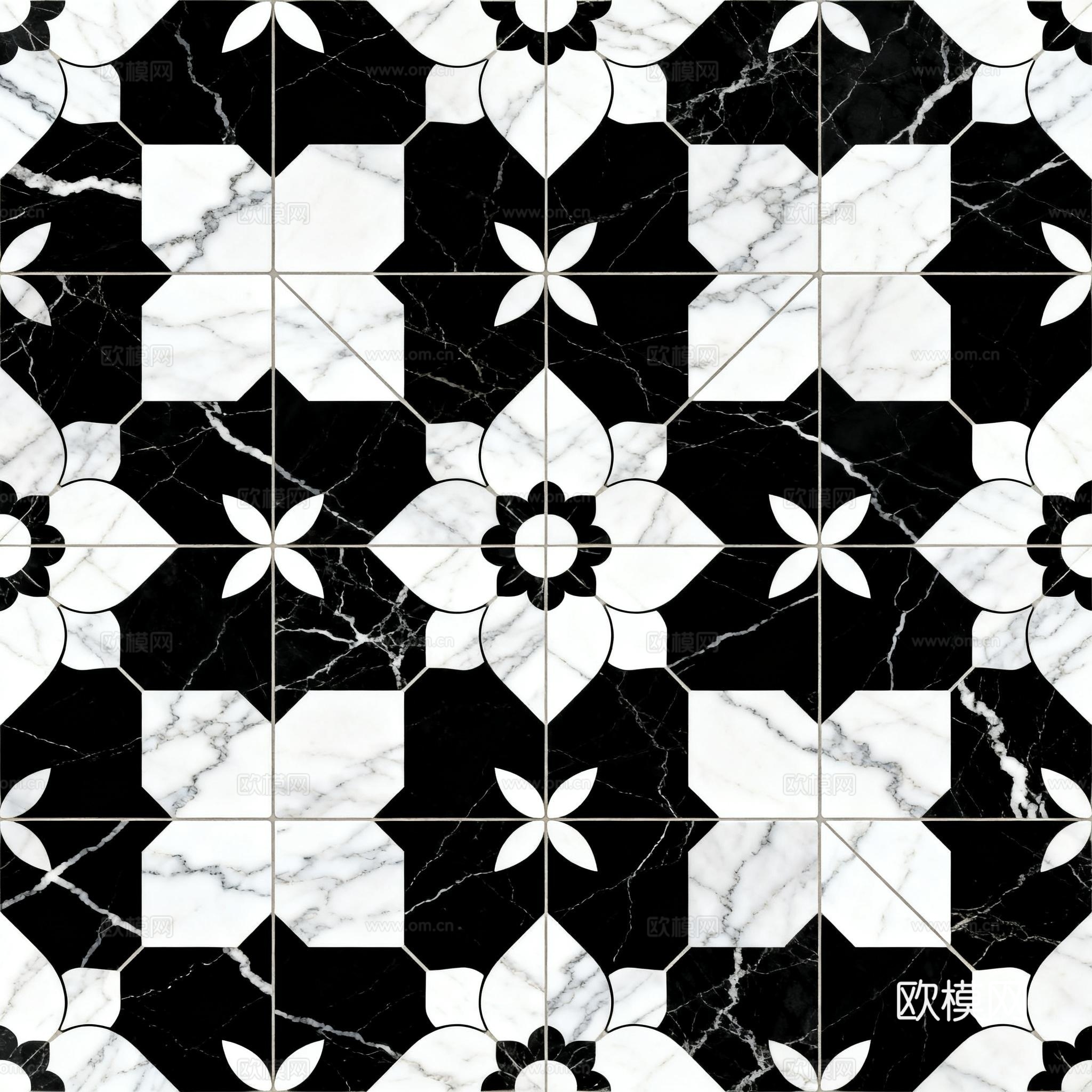 现代花砖 黑白石材拼花 花卉几何图案水刀石材拼花 石材马赛克