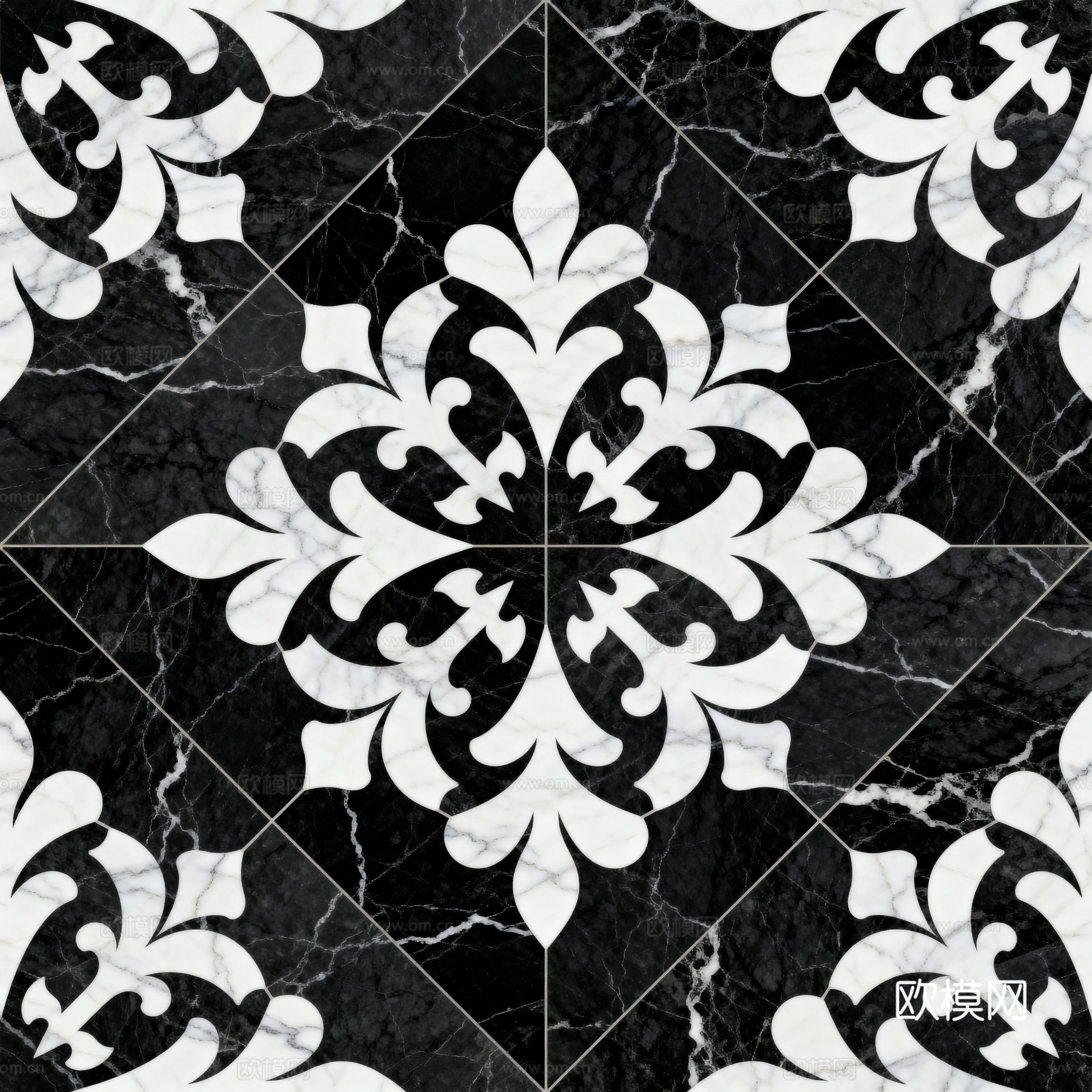现代花砖 黑白石材拼花 花卉几何图案水刀石材拼花 石材马赛克
