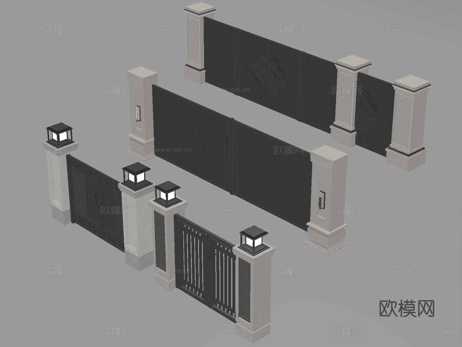 新中式庭院门 围墙 别墅大门 别墅庭院门 庭院铁门su模型