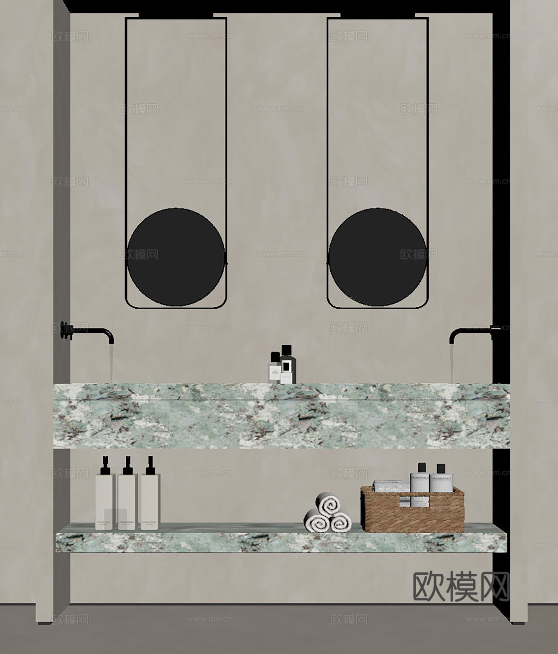 现代极简洗手台 中古浴室柜 台盆柜 装饰品摆件 镜子 卫生间su模型下载（渲染图2）