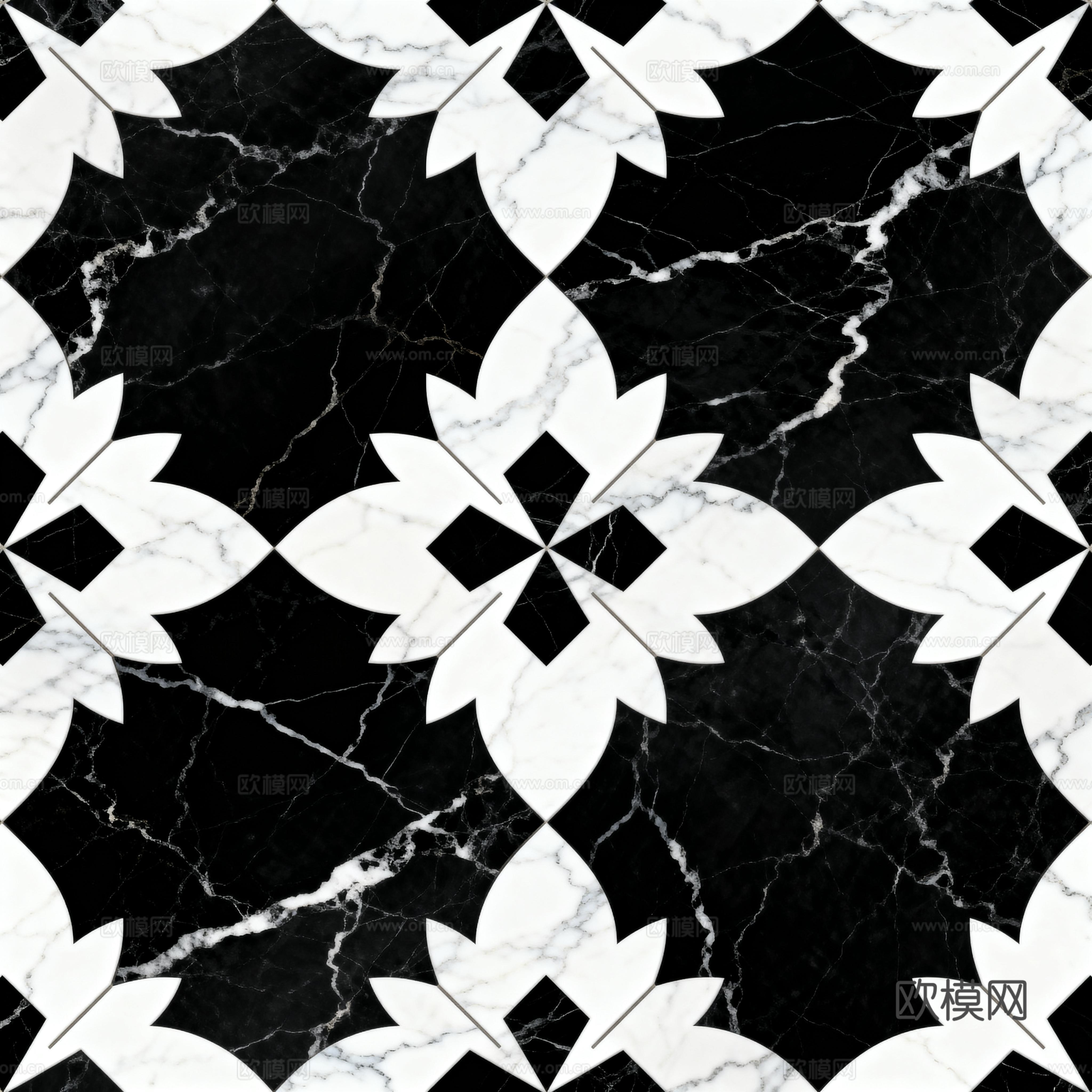 现代花砖 黑白石材拼花 花卉几何图案水刀石材拼花 石材马赛克