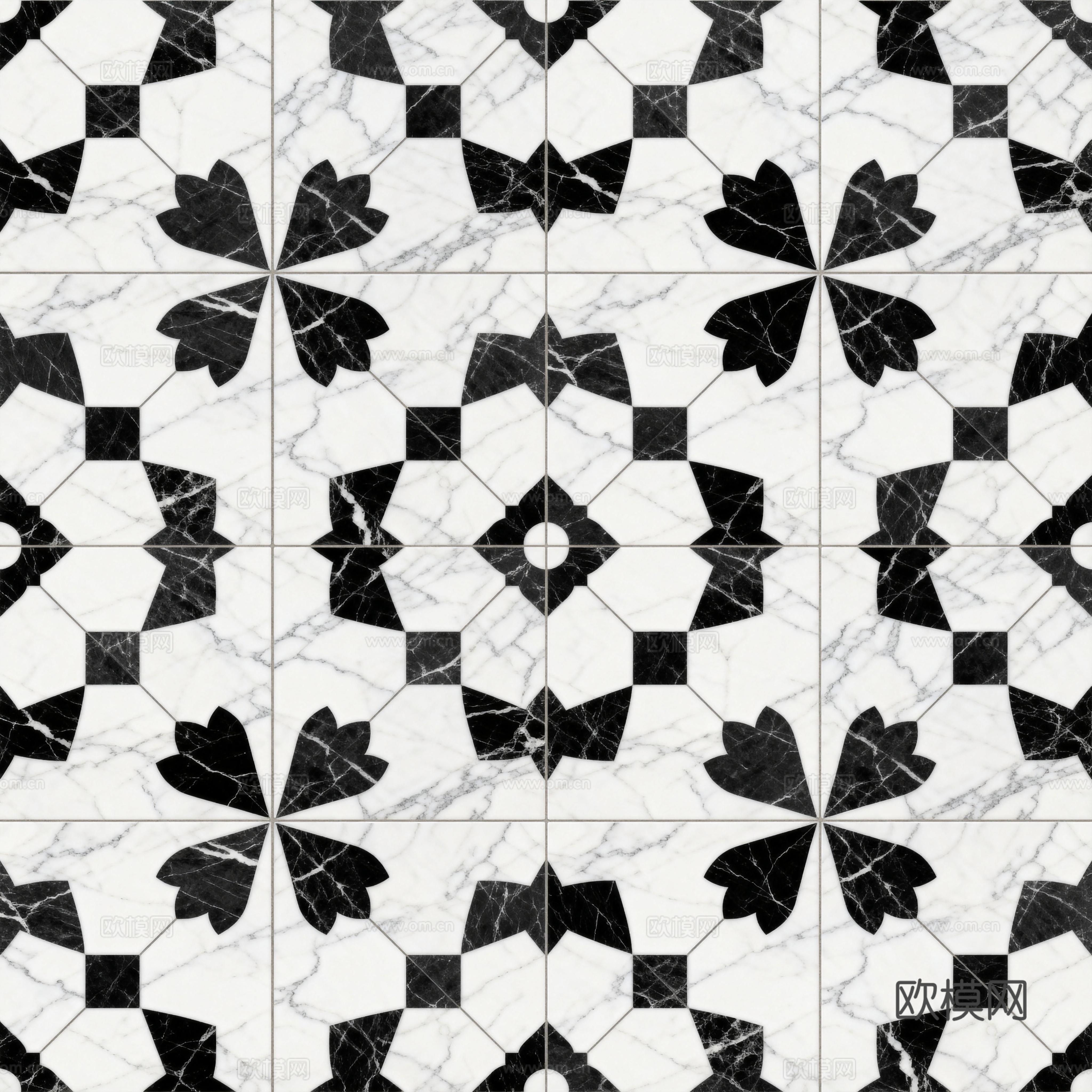 现代花砖 黑白石材拼花 花卉几何图案水刀石材拼花 石材马赛克下载