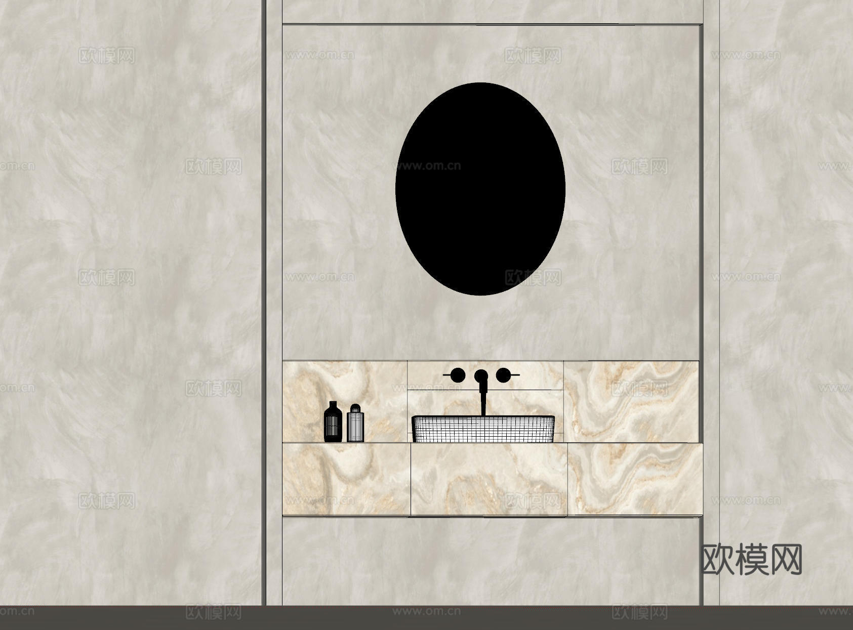 现代极简洗手台 中古浴室柜 台盆柜 装饰品摆件 镜子 卫生间su模型