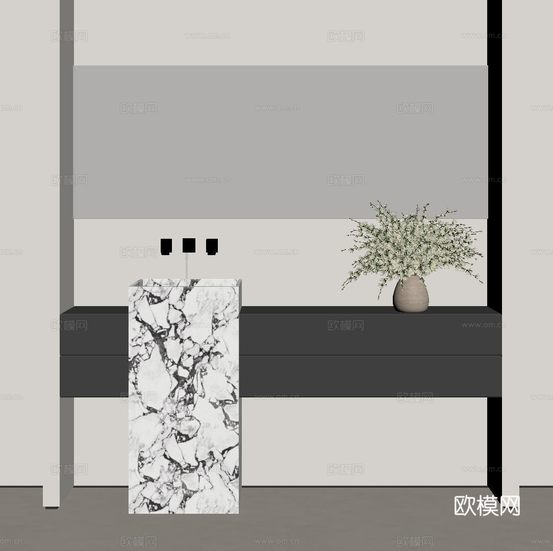 现代极简洗手台 中古浴室柜 台盆柜 装饰品摆件 镜子 卫生间su模型