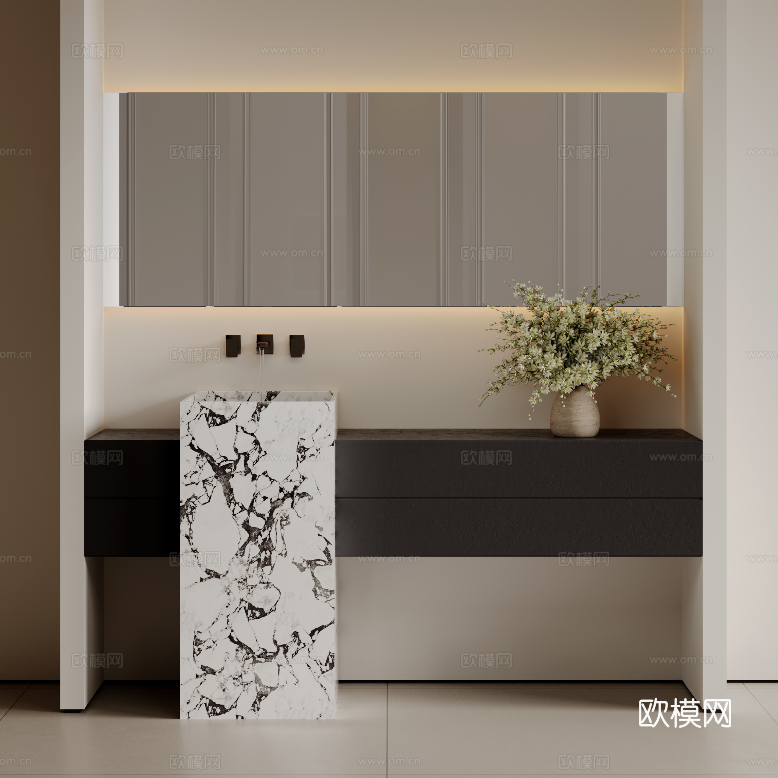 现代极简洗手台 中古浴室柜 台盆柜 装饰品摆件 镜子 卫生间su模型