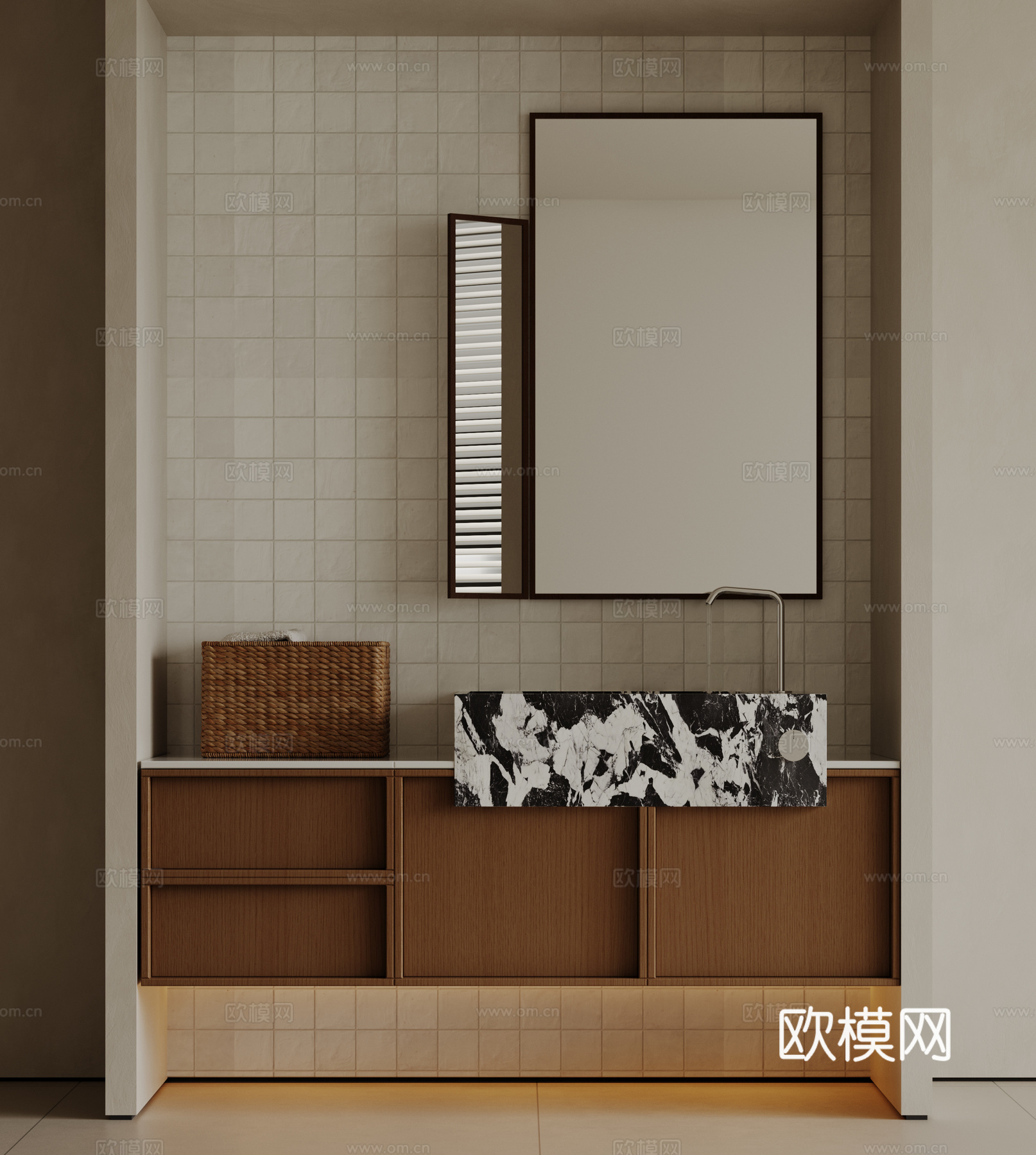 现代极简洗手台 中古浴室柜 台盆柜 装饰品摆件 镜子 卫生间3d模型