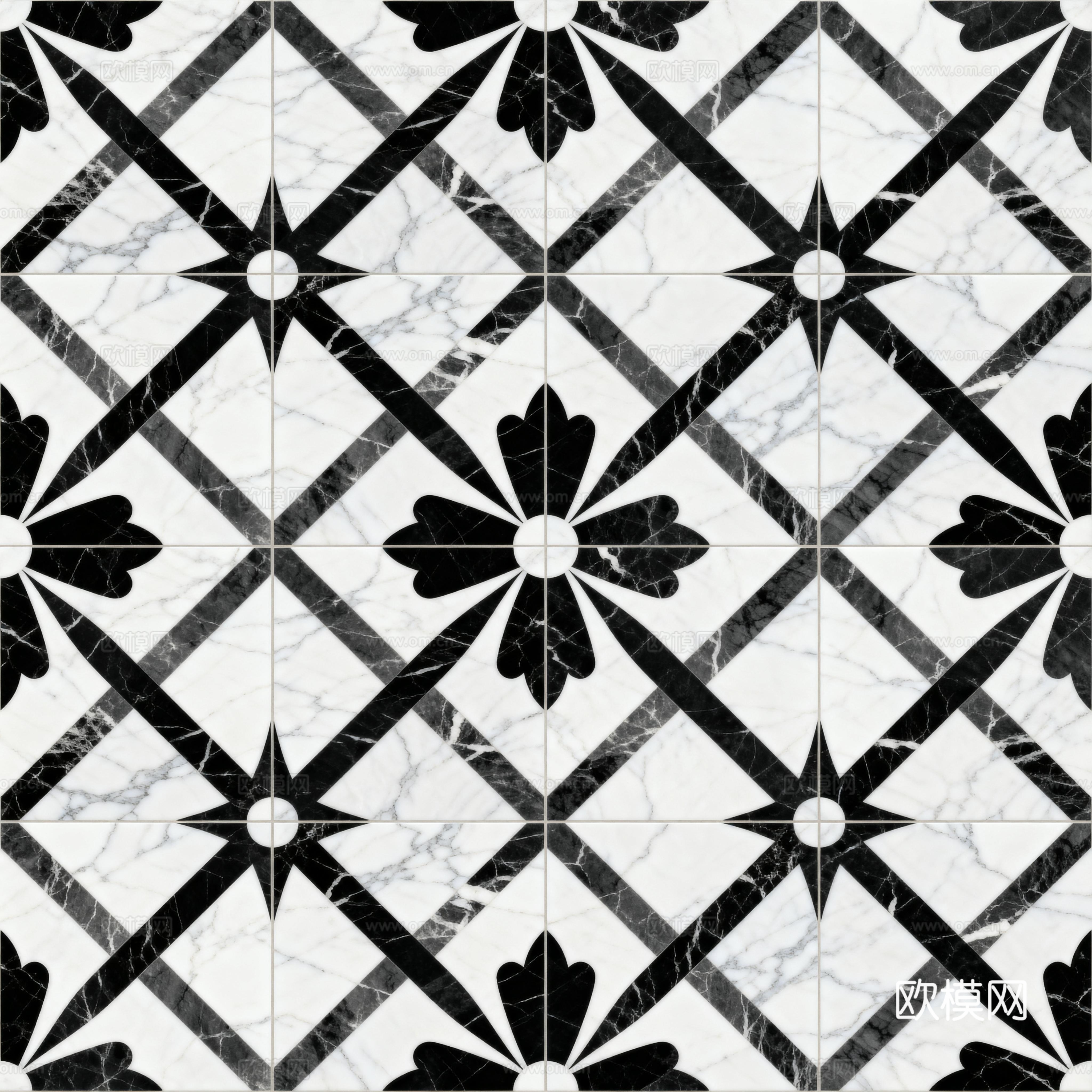 现代花砖 黑白石材拼花 花卉几何图案水刀石材拼花 石材马赛克下载