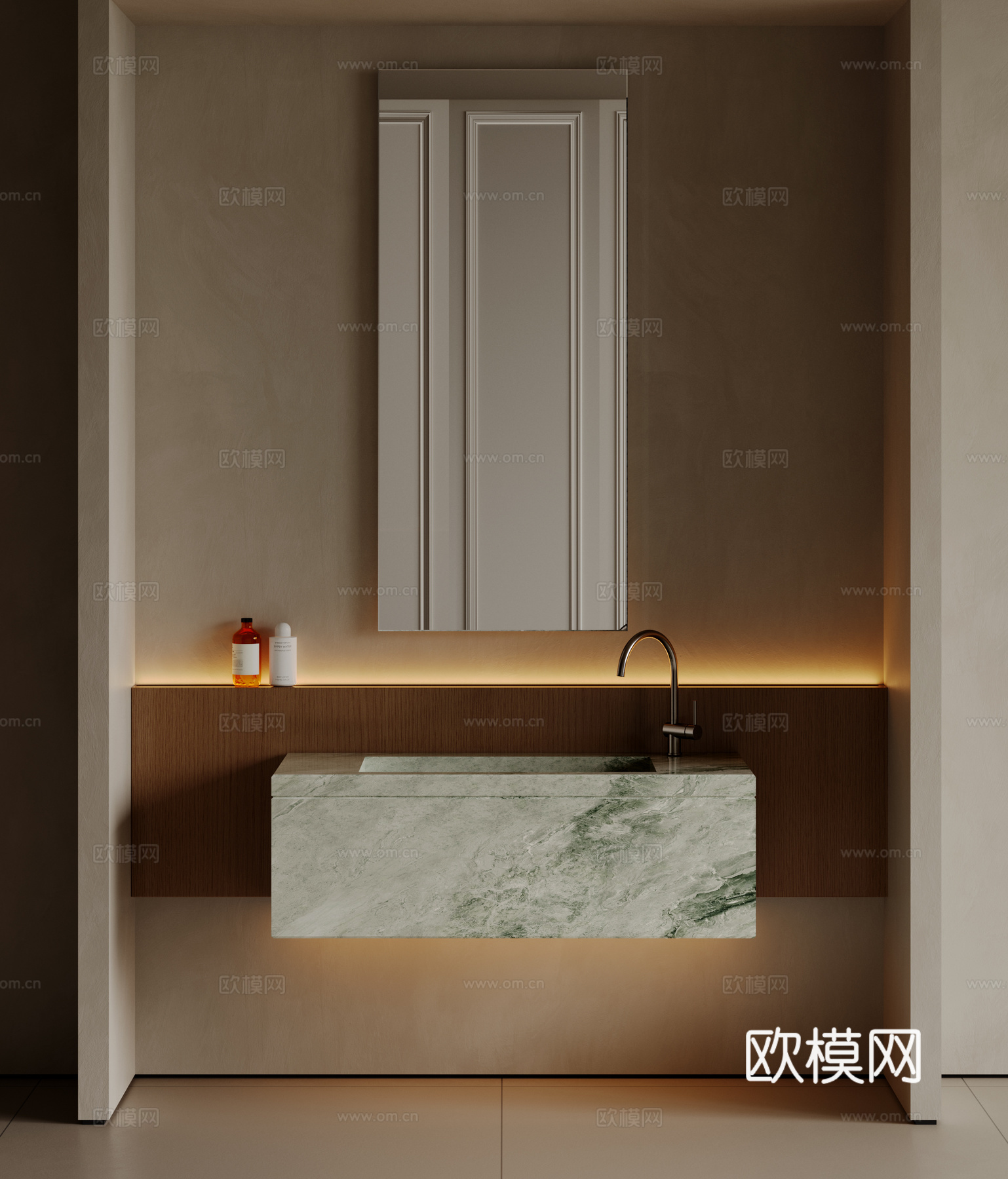 现代极简洗手台 中古浴室柜 台盆柜 装饰品摆件 镜子 卫生间su模型