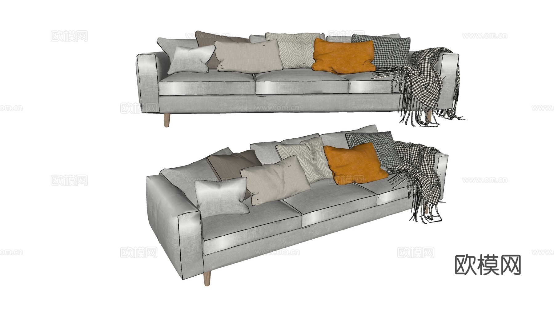 现代简约沙发 布艺沙发 木质腿su模型