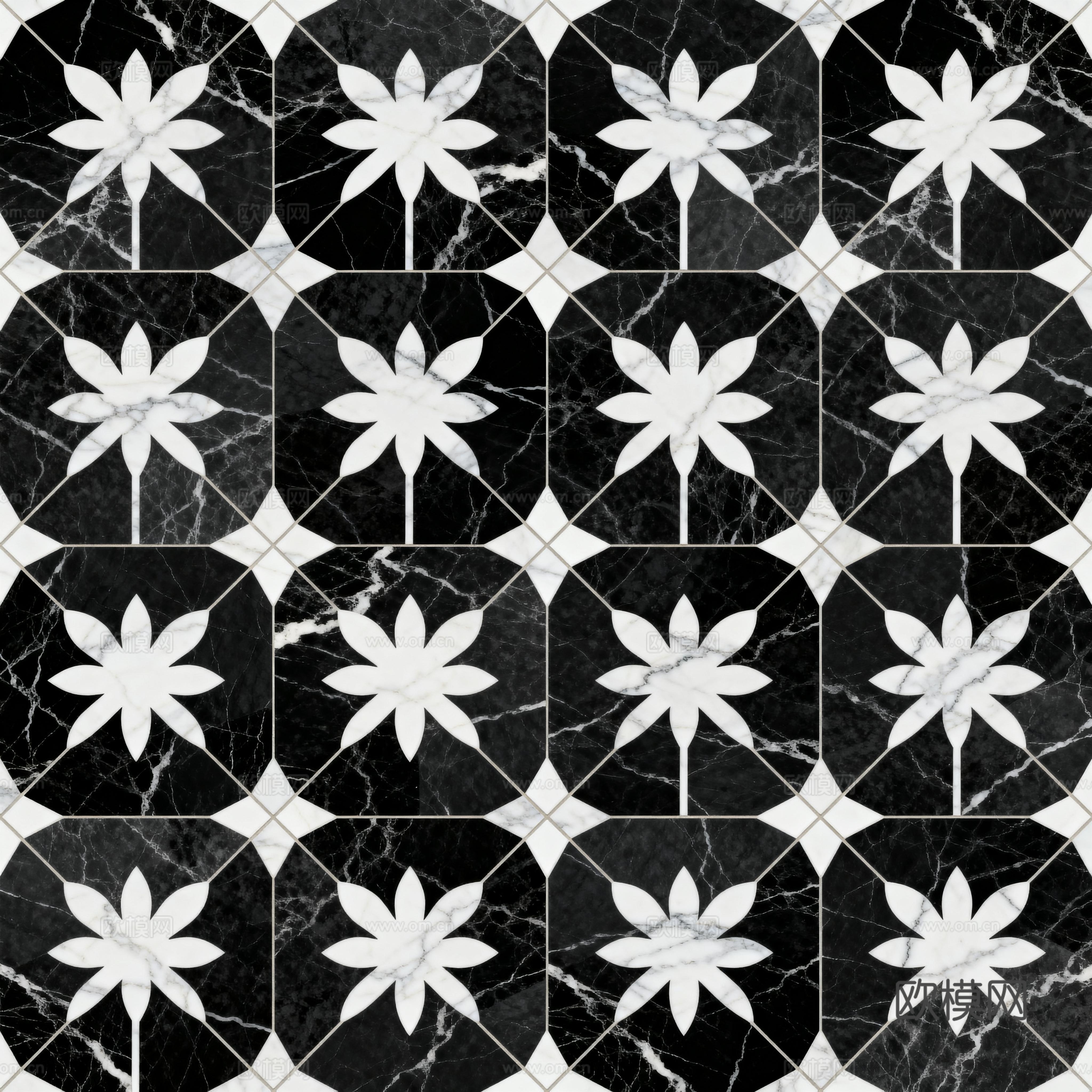 现代花砖 黑白石材拼花 花卉几何图案水刀石材拼花 石材马赛克