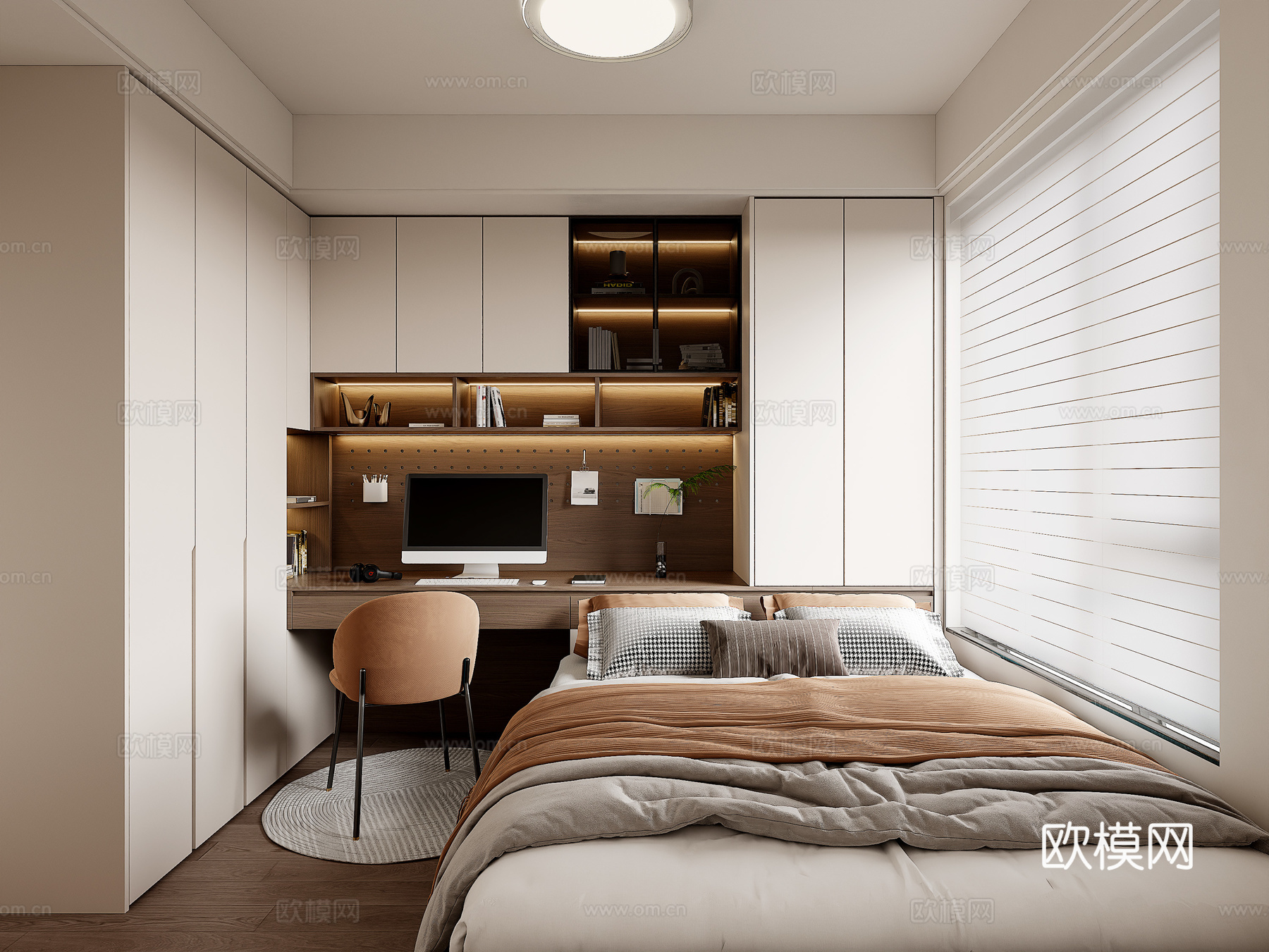 现代榻榻米卧室 衣柜书桌一体 儿童房榻榻米su模型