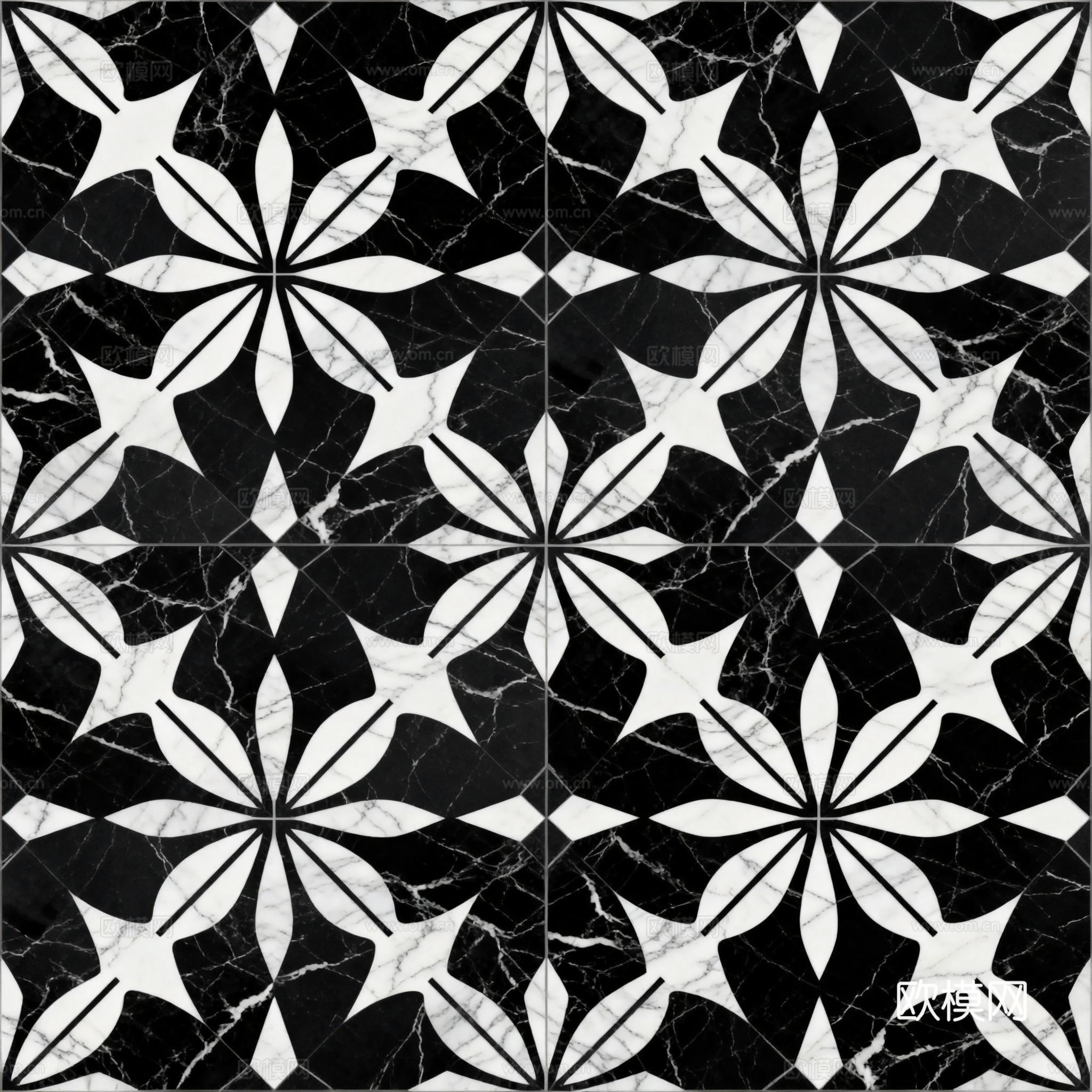 现代花砖 黑白石材拼花 花卉几何图案水刀石材拼花 石材马赛克