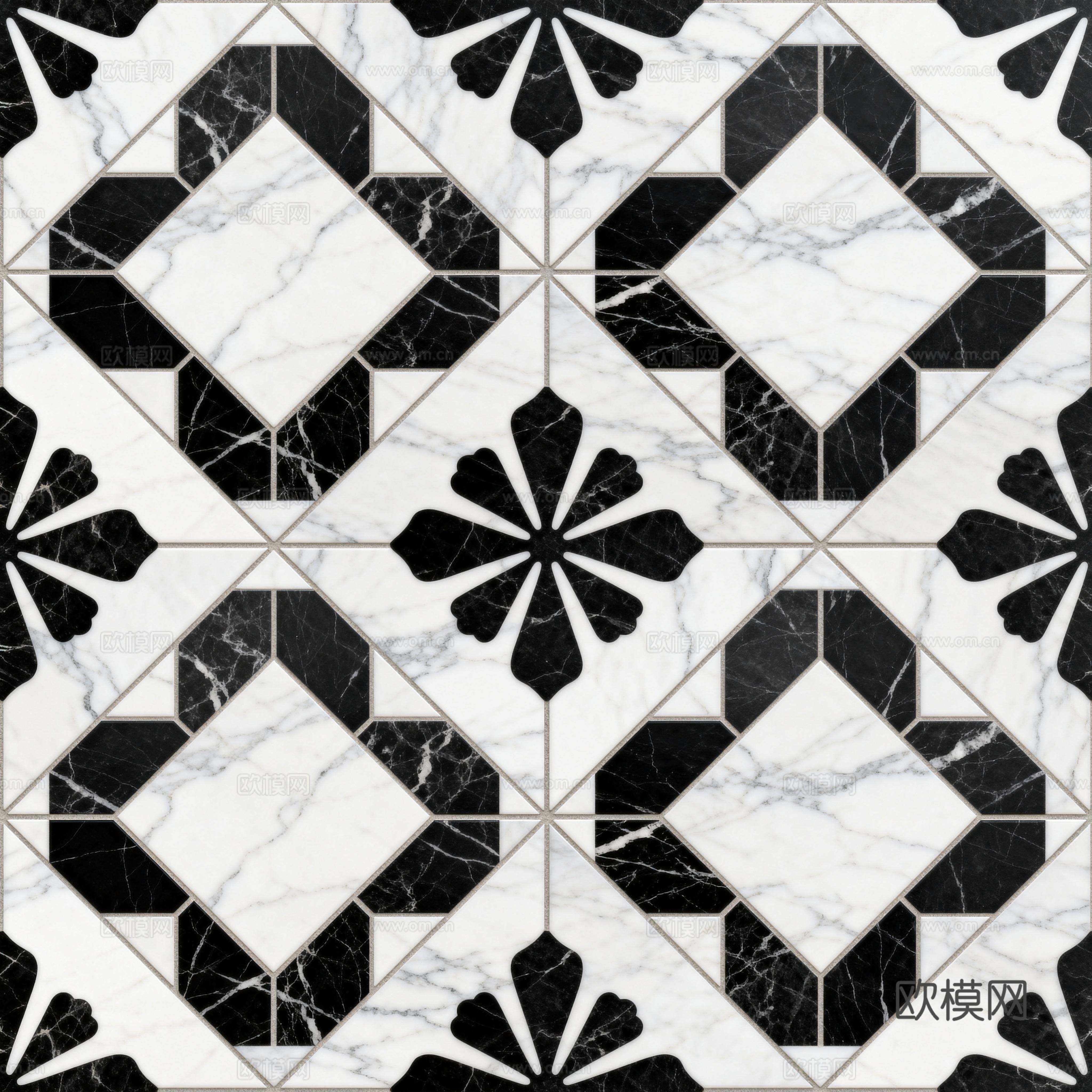 现代花砖 黑白石材拼花 花卉几何图案水刀石材拼花 石材马赛克下载