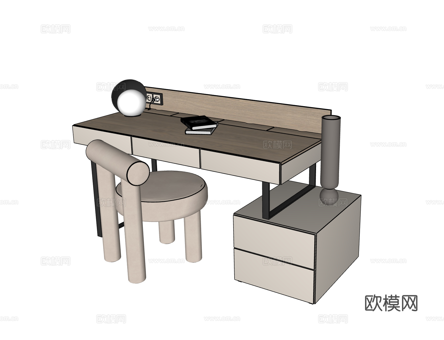 现代奶油风书桌椅su模型