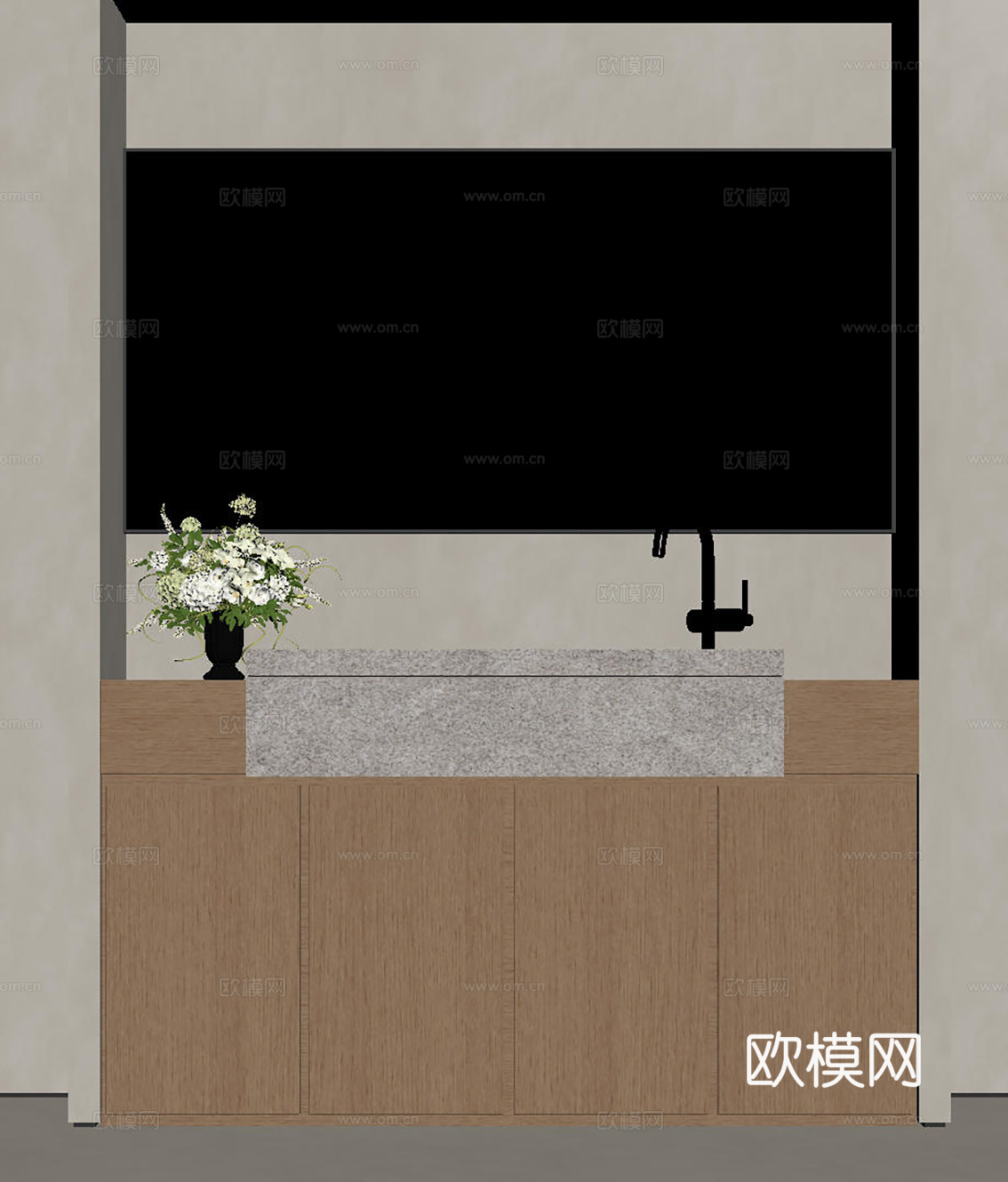 现代极简洗手台 中古浴室柜 台盆柜 装饰品摆件 镜子 卫生间su模型