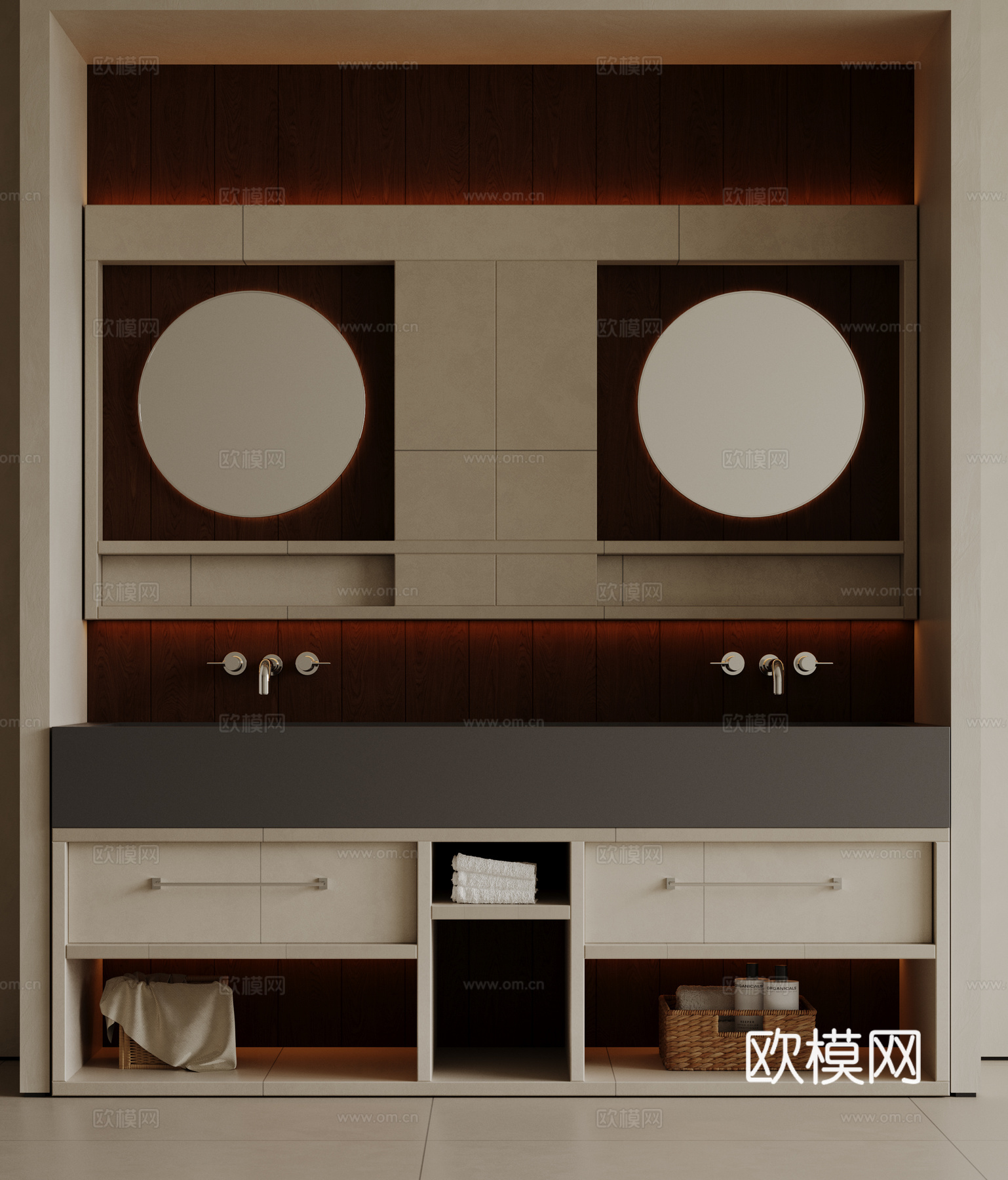 现代极简洗手台 中古浴室柜 台盆柜 装饰品摆件 镜子 卫生间3d模型