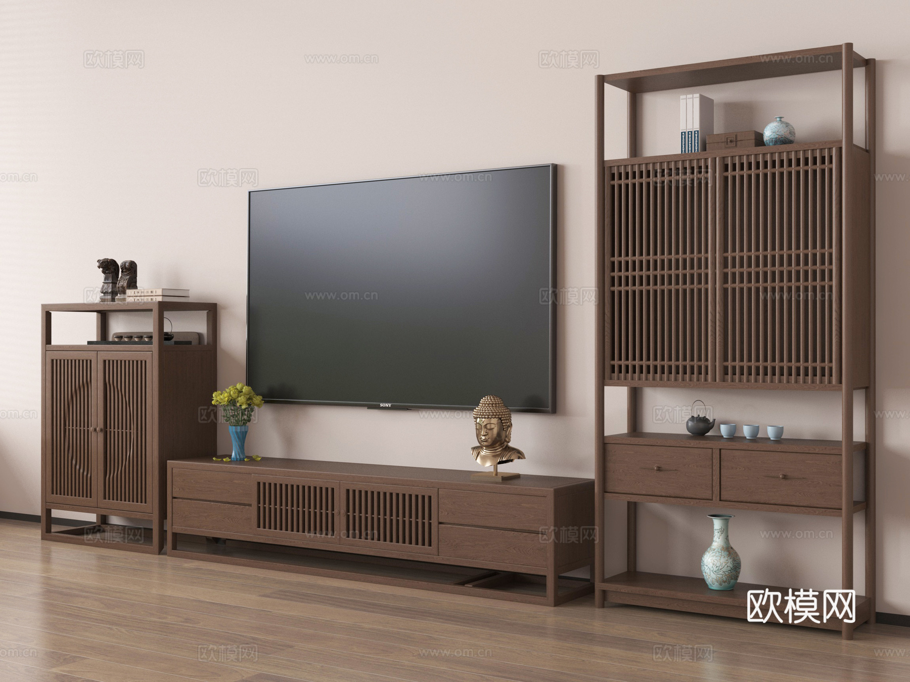 新中式电视柜 电视 博古架 置物架 饰品摆件su模型