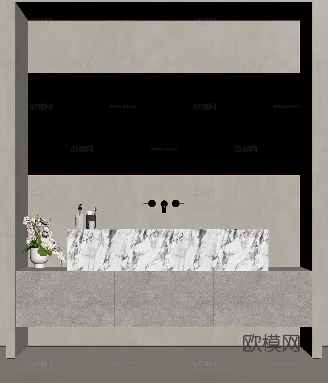 现代极简洗手台 中古浴室柜 台盆柜 装饰品摆件 镜子 卫生间su模型