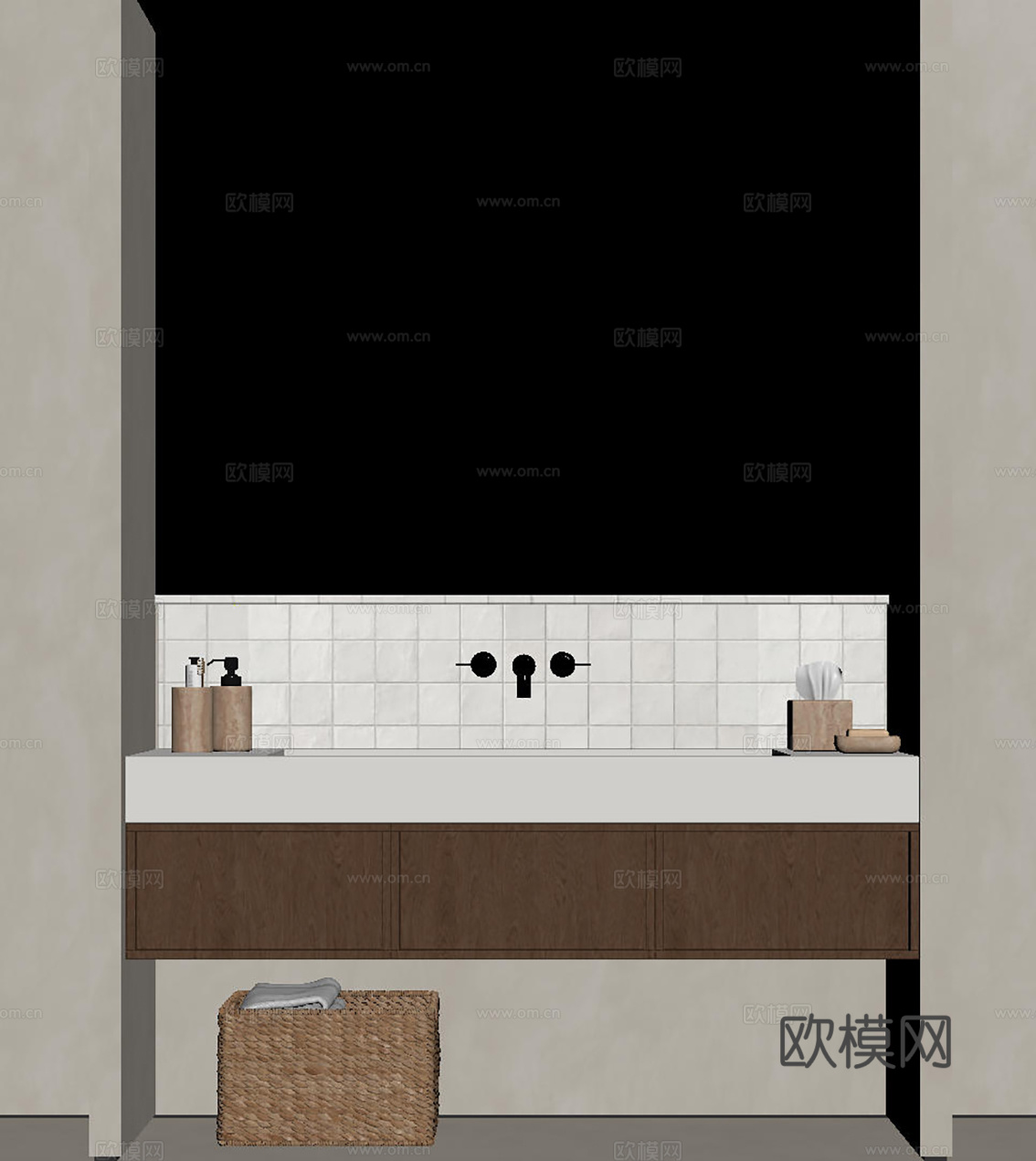 现代极简洗手台 中古浴室柜 台盆柜 装饰品摆件 镜子 卫生间su模型