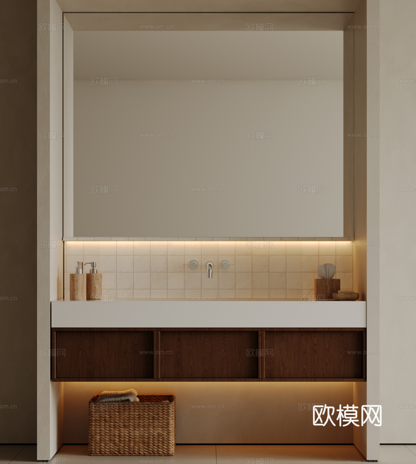 现代极简洗手台 中古浴室柜 台盆柜 装饰品摆件 镜子 卫生间su模型