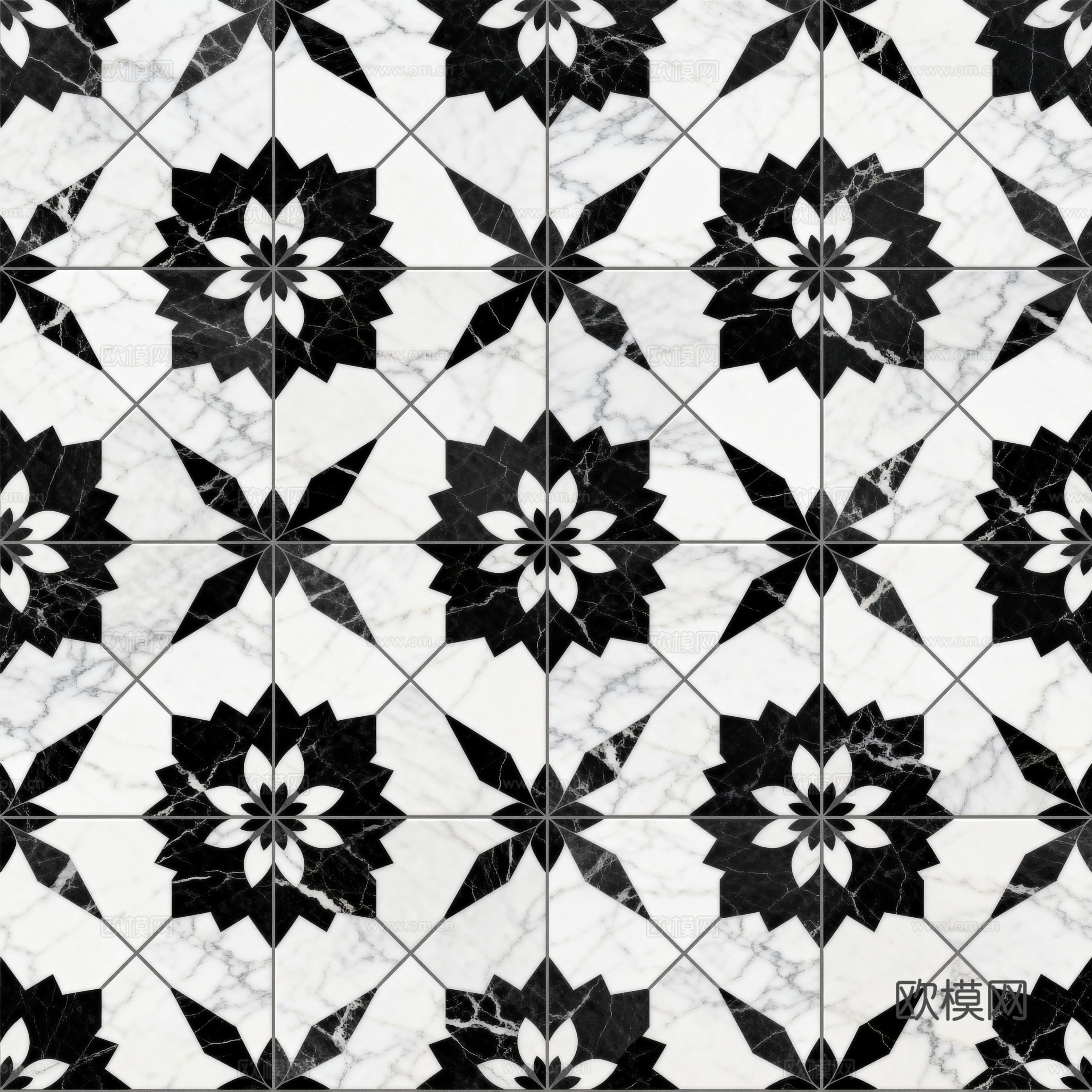 现代花砖 黑白石材拼花 花卉几何图案水刀石材拼花 石材马赛克
