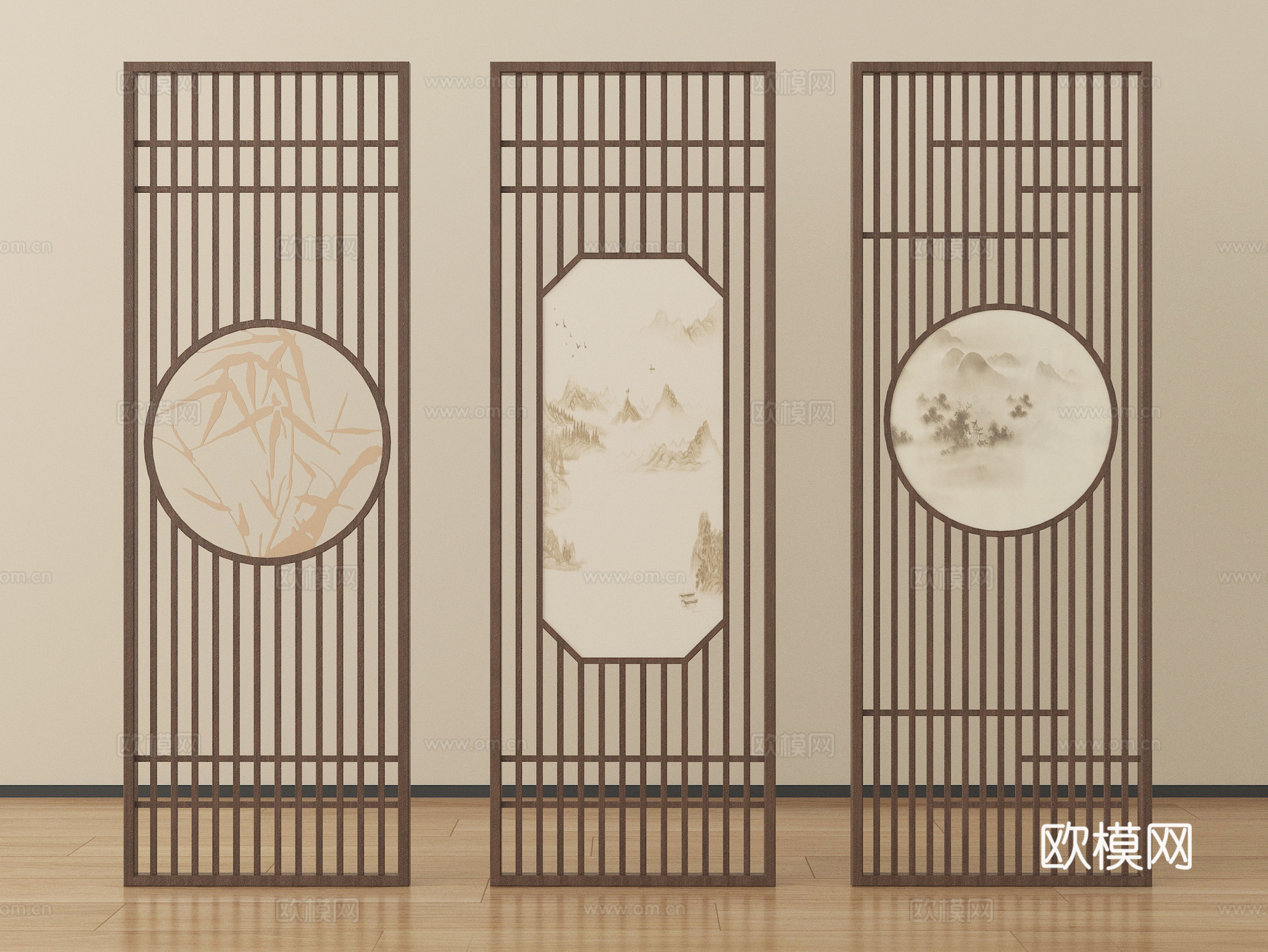新中式屏风隔断 格栅屏风隔断su模型