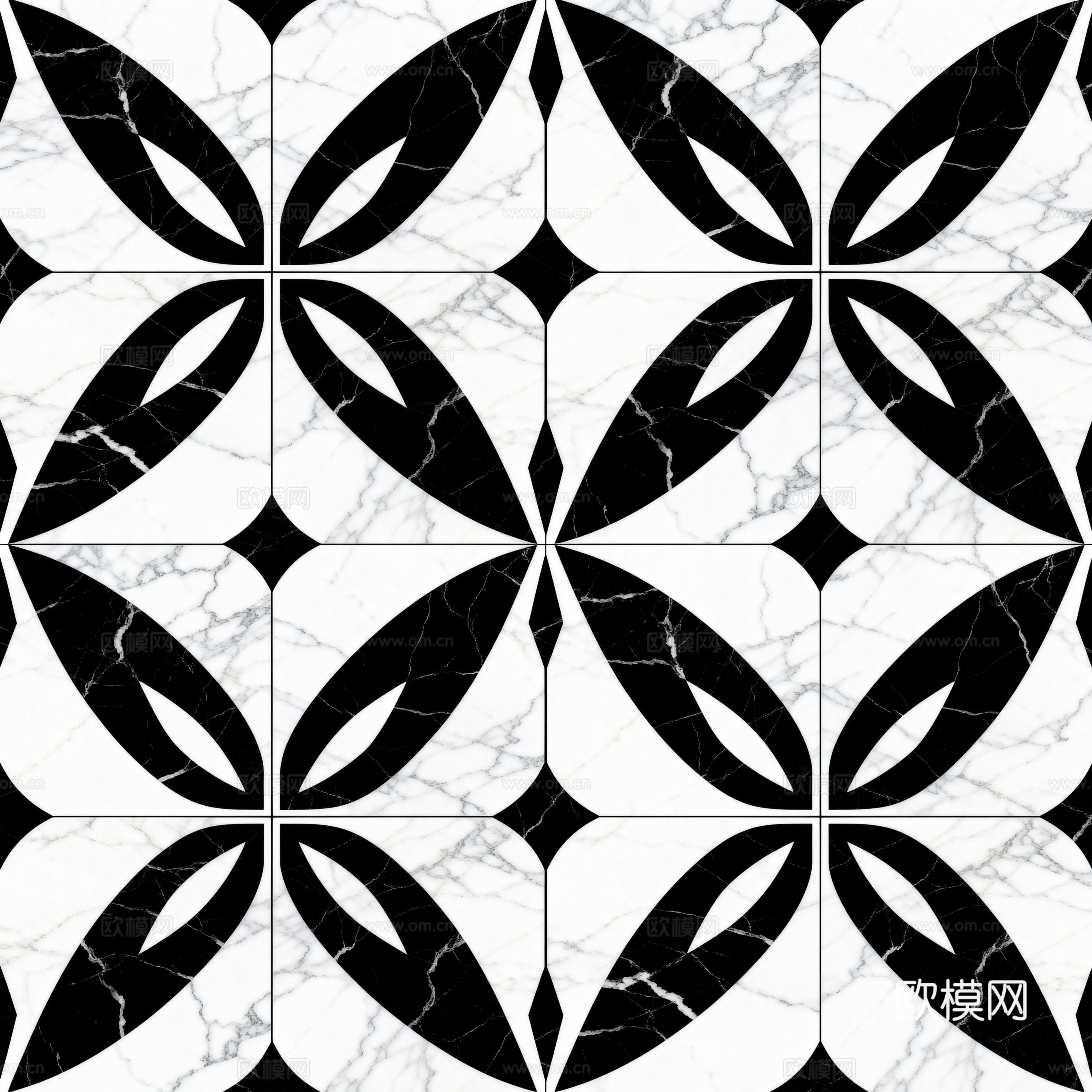 现代花砖 黑白石材拼花 花卉几何图案水刀石材拼花 石材马赛克