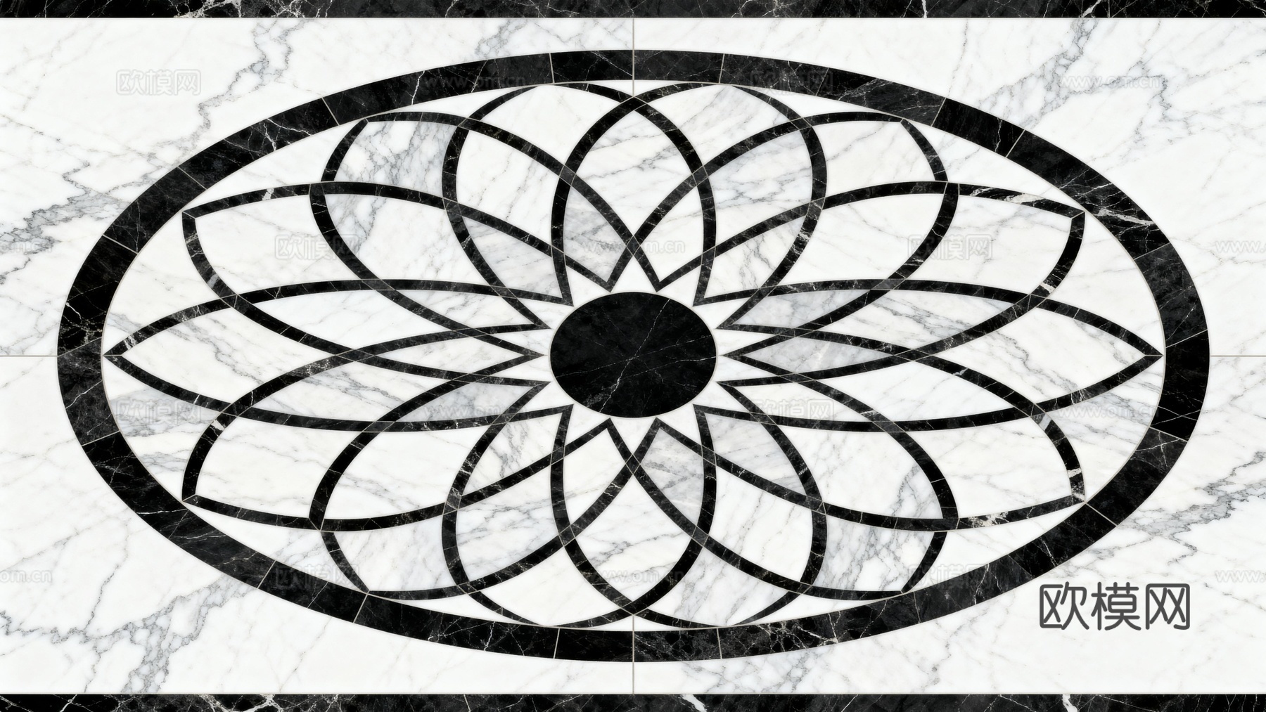 轻奢黑白拼花大理石 黑白石材椭圆拼花 玄关石材拼花