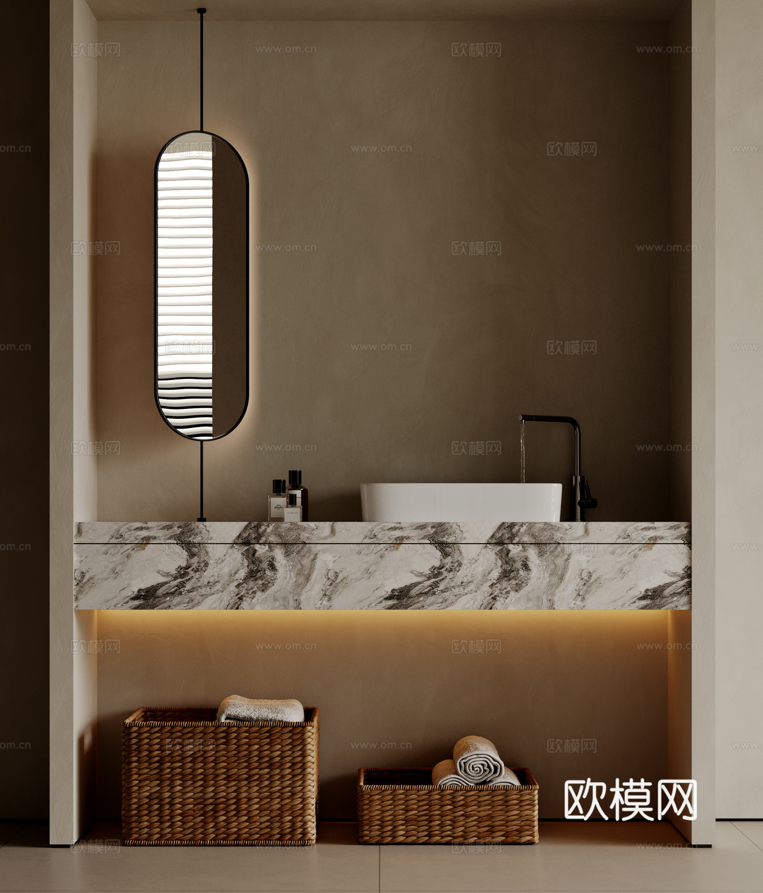现代极简洗手台 中古浴室柜 台盆柜 装饰品摆件 镜子 卫生间su模型