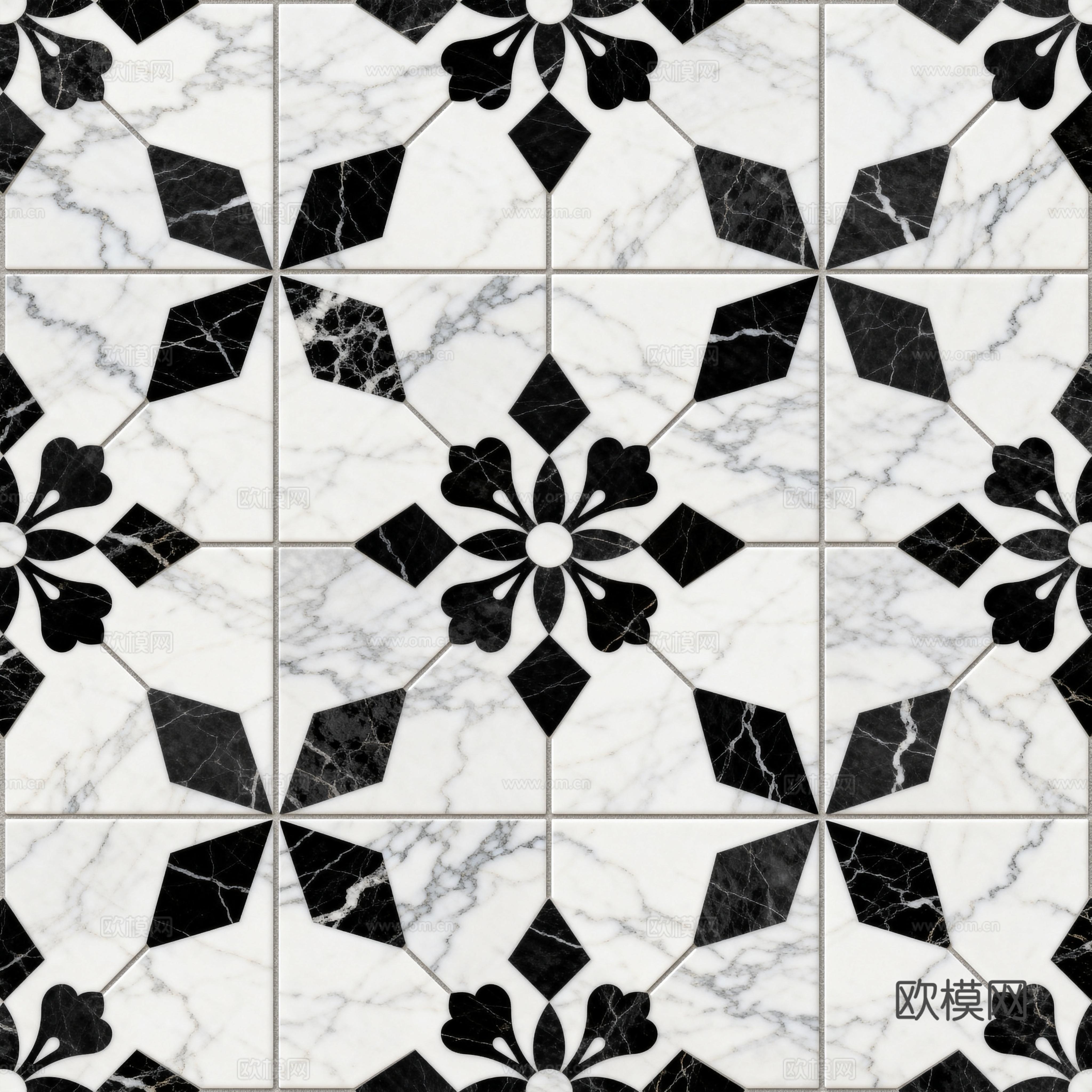 现代花砖 黑白石材拼花 花卉几何图案水刀石材拼花 石材马赛克