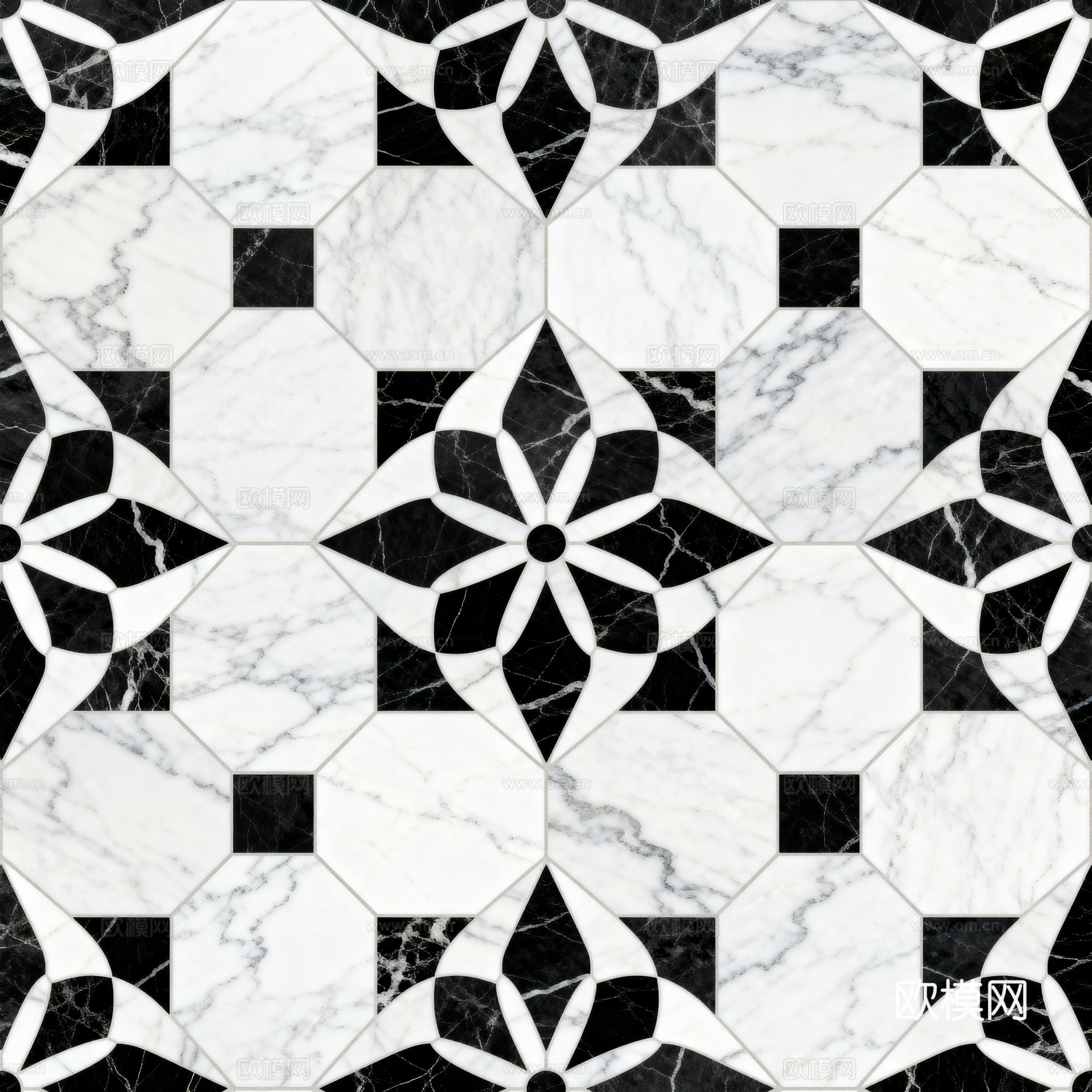 现代花砖 黑白石材拼花 花卉几何图案水刀石材拼花 石材马赛克下载