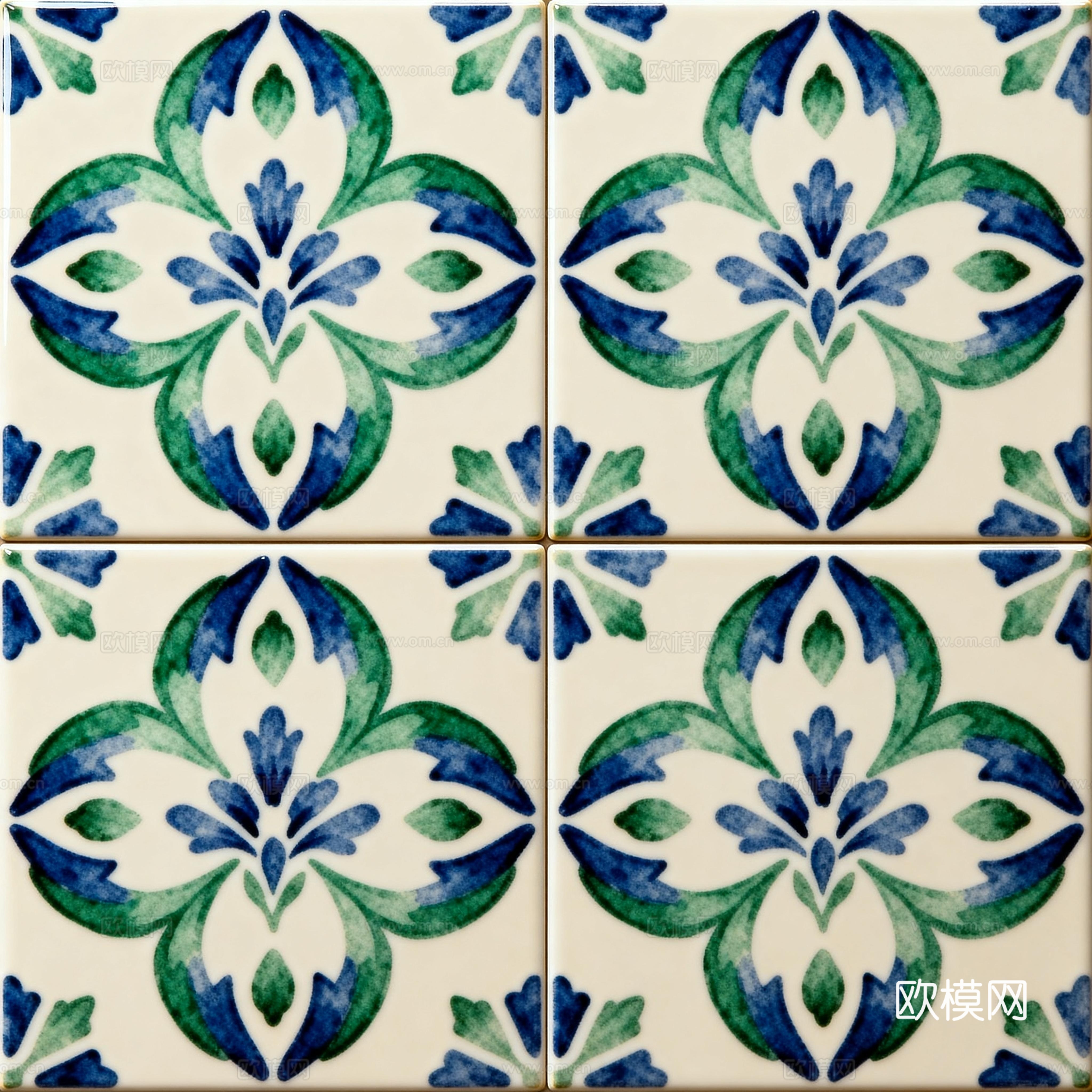 田园风 蓝绿色花砖 绿色手绘艺术花砖 工艺砖 花纹图案花砖