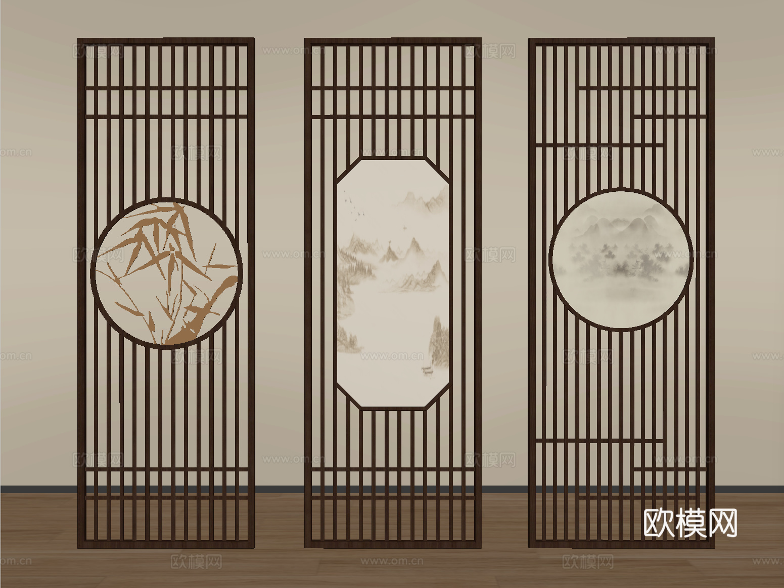 新中式屏风隔断 格栅屏风隔断su模型