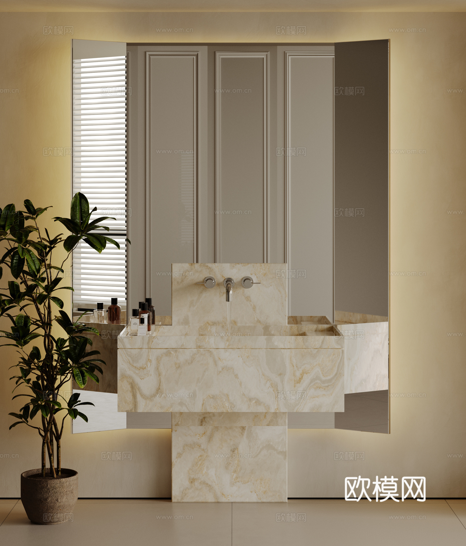 现代极简洗手台 中古浴室柜 台盆柜 装饰品摆件 镜子 卫生间su模型