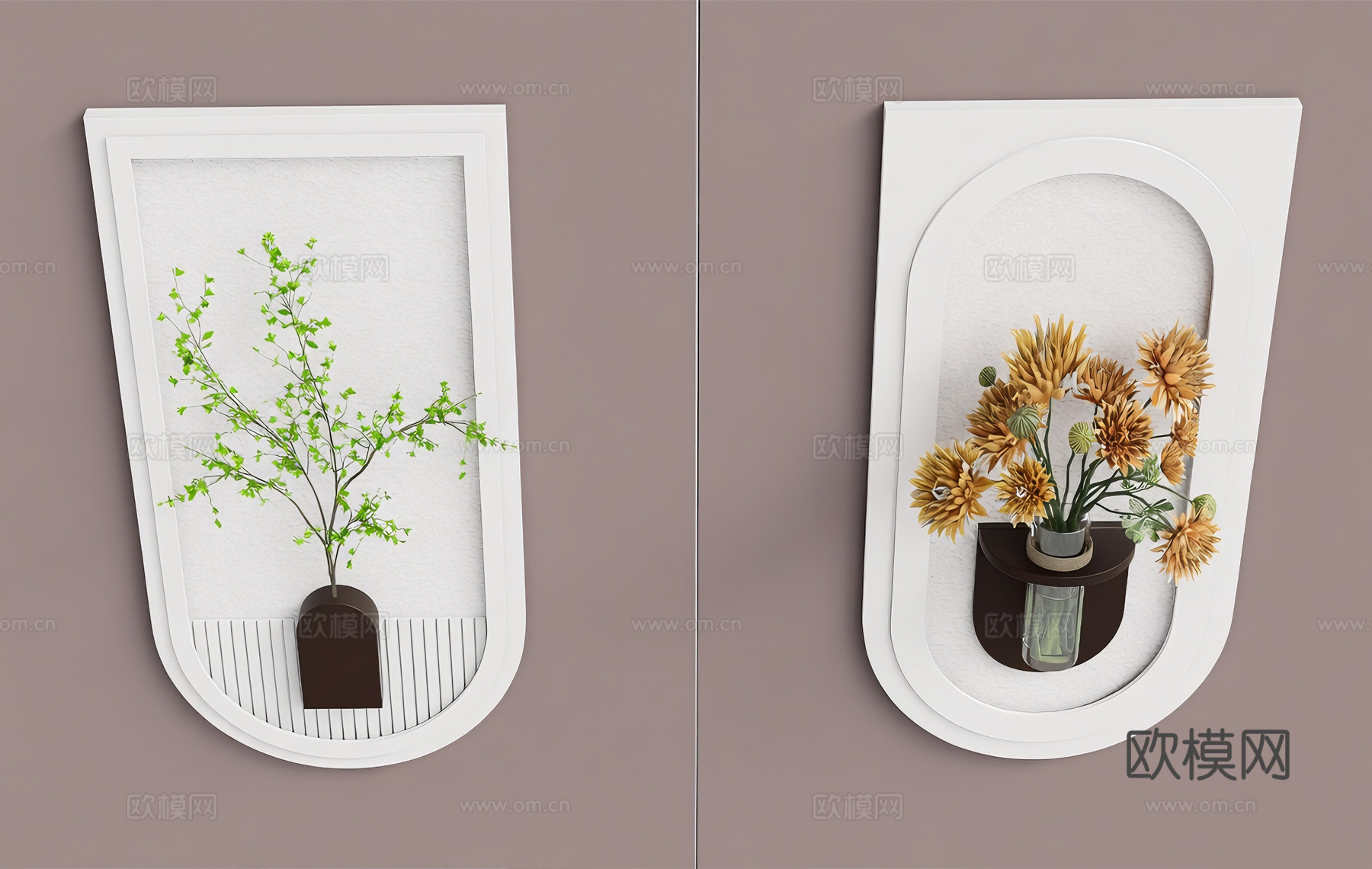 现代简约墙面装饰 拱形画框 仿真植物  干花瓶花 玻璃花瓶su模型