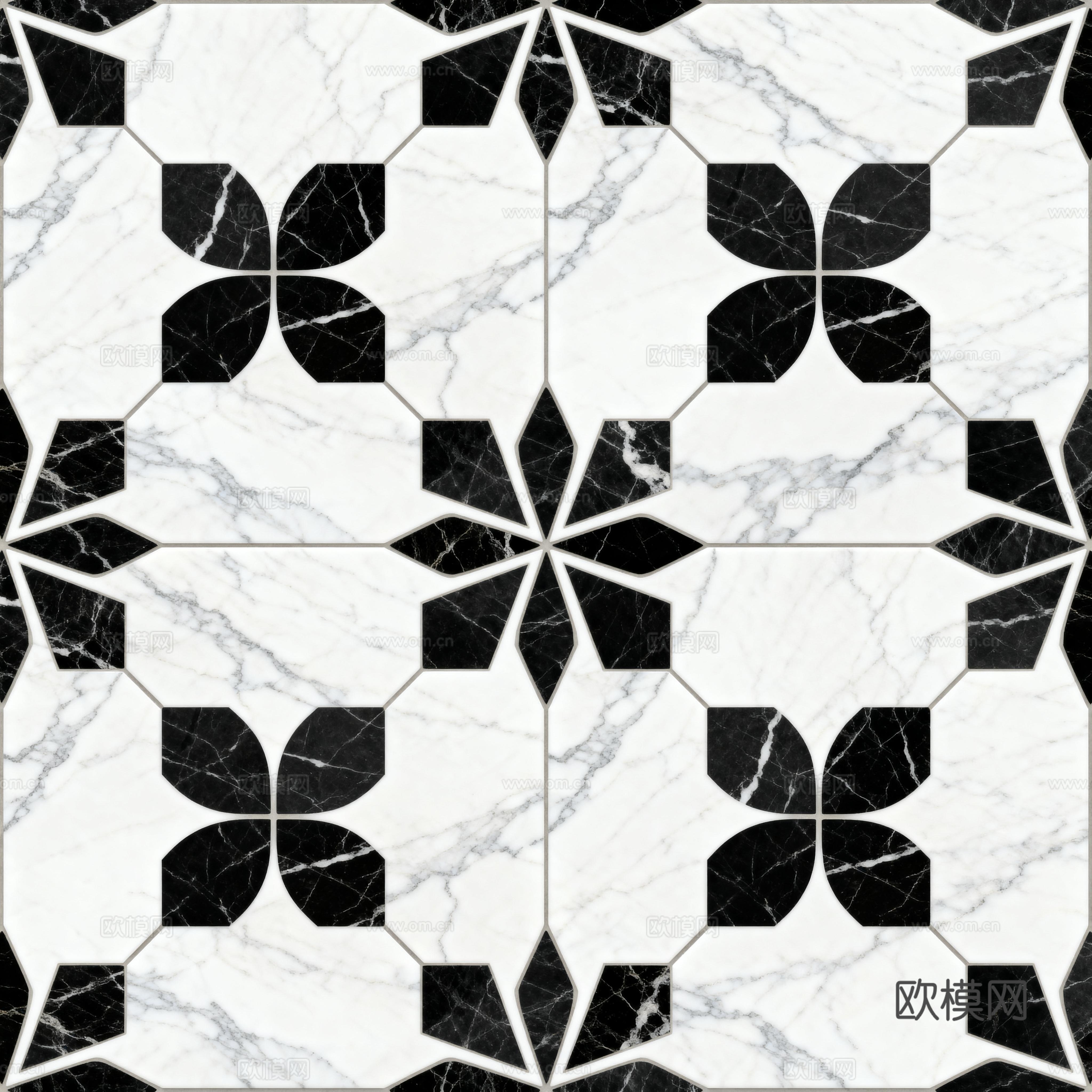 现代花砖 黑白石材拼花 花卉几何图案水刀石材拼花 石材马赛克