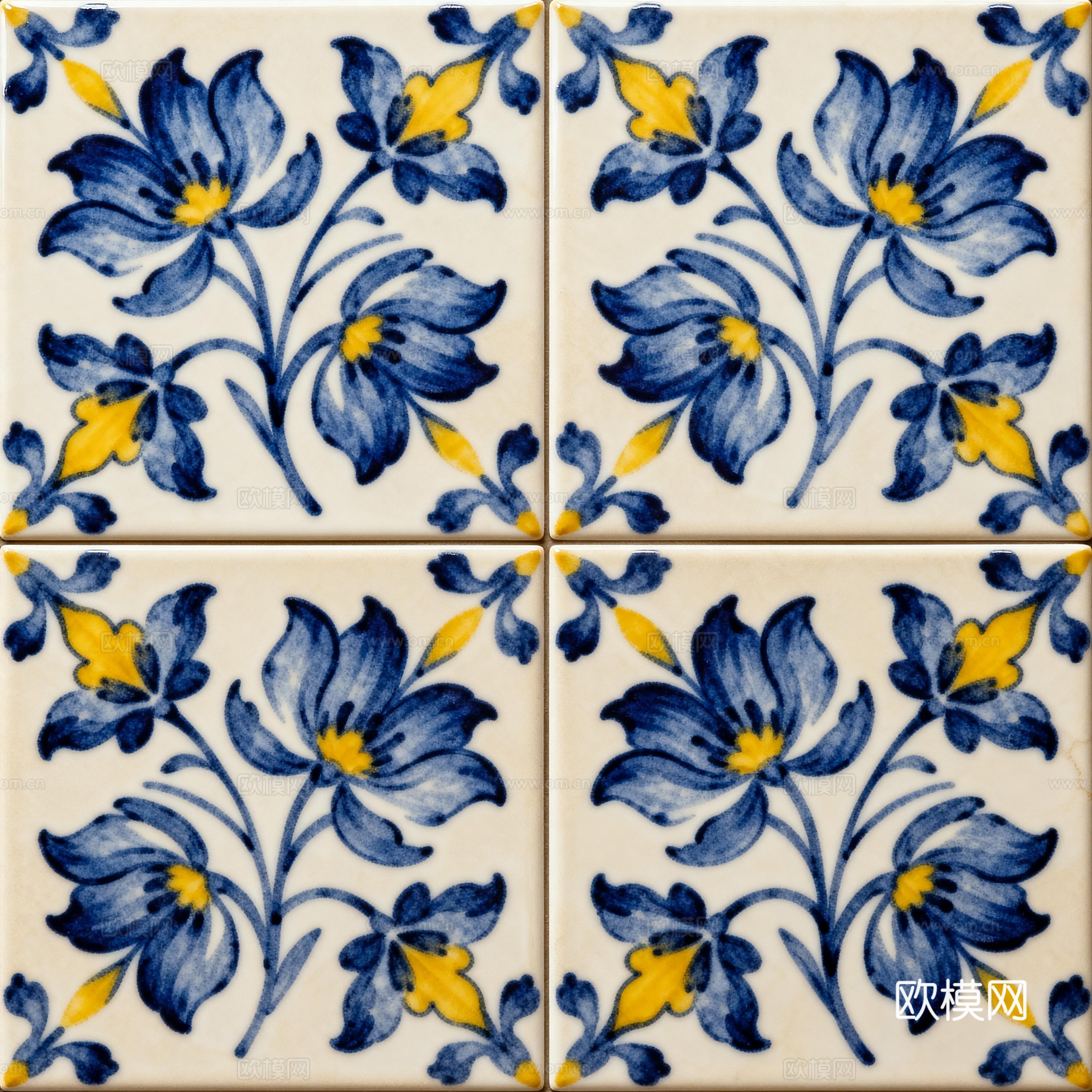 田园风 蓝黄米白色花砖 蓝黄手绘艺术花砖 工艺砖