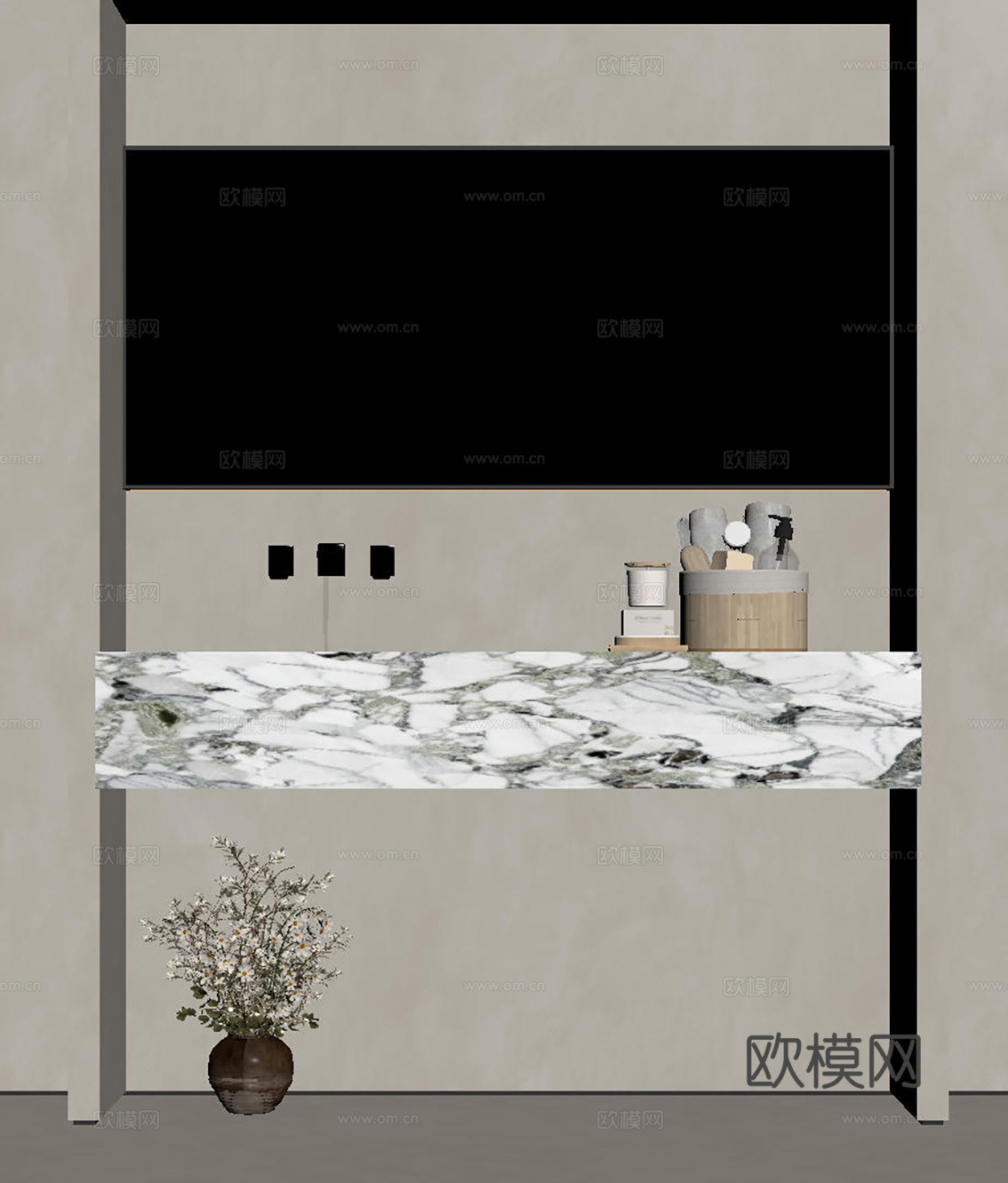 现代极简洗手台 中古浴室柜 台盆柜 装饰品摆件 镜子 卫生间su模型