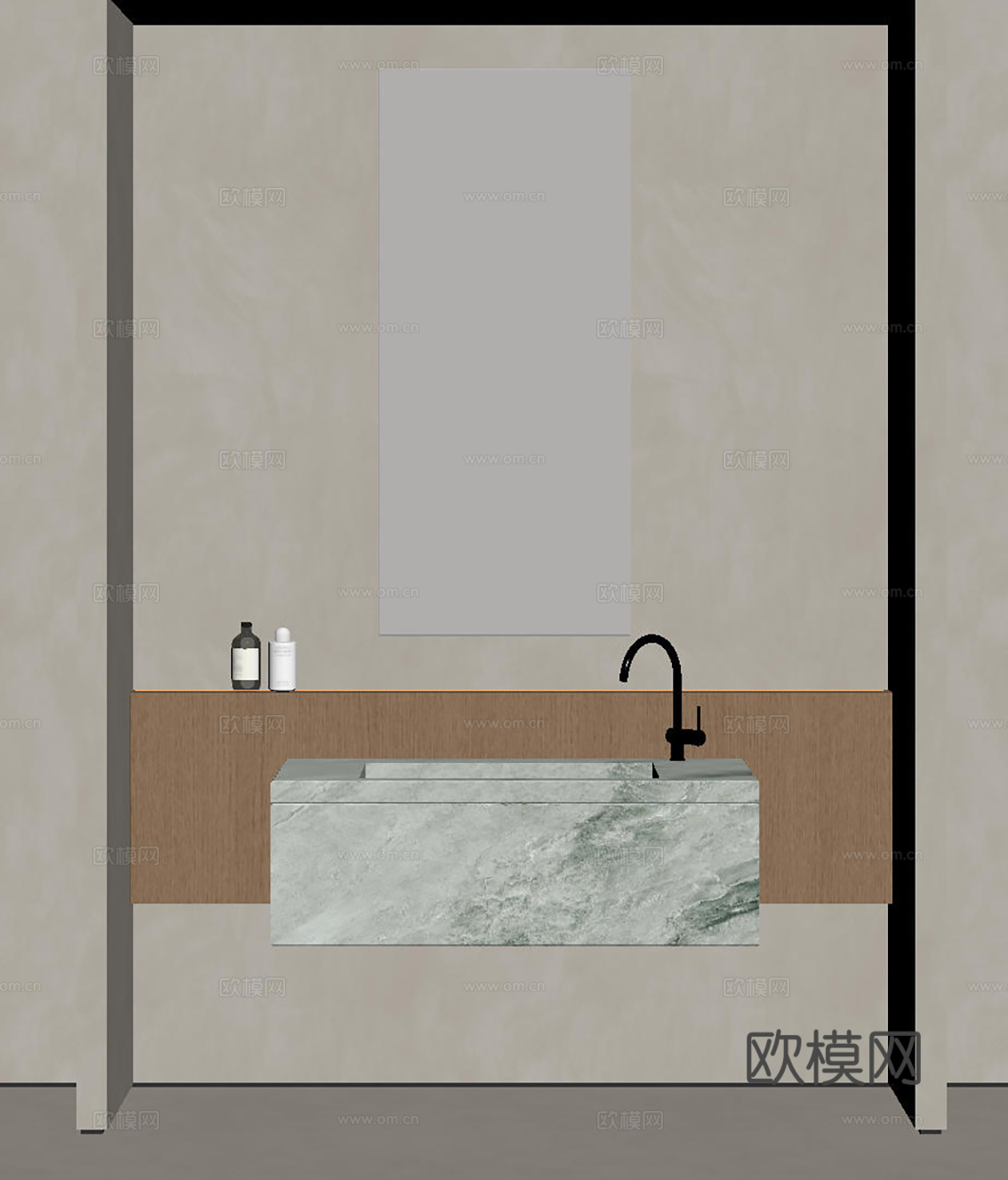 现代极简洗手台 中古浴室柜 台盆柜 装饰品摆件 镜子 卫生间su模型