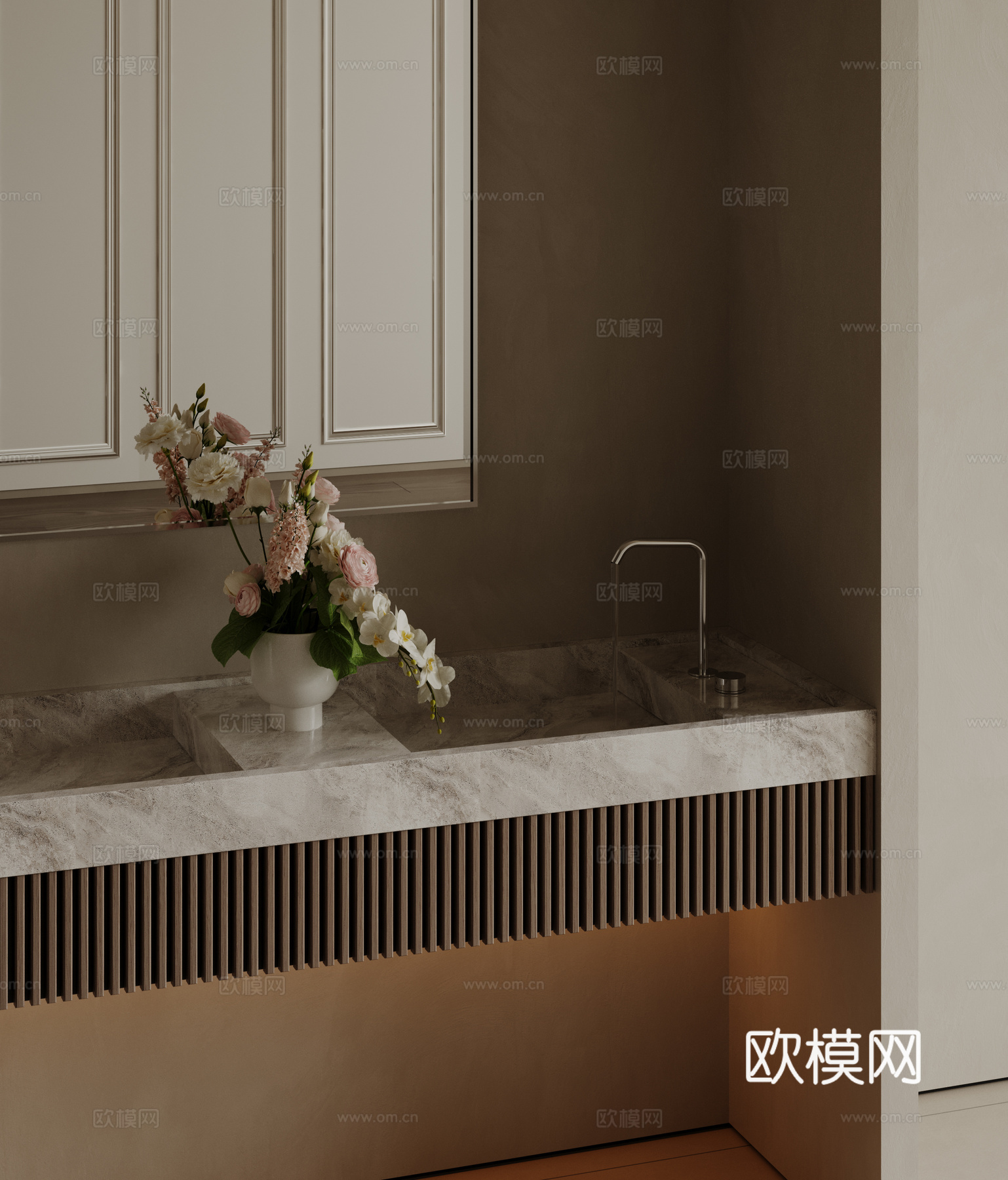 现代极简洗手台 中古浴室柜 台盆柜 装饰品摆件 镜子 卫生间su模型