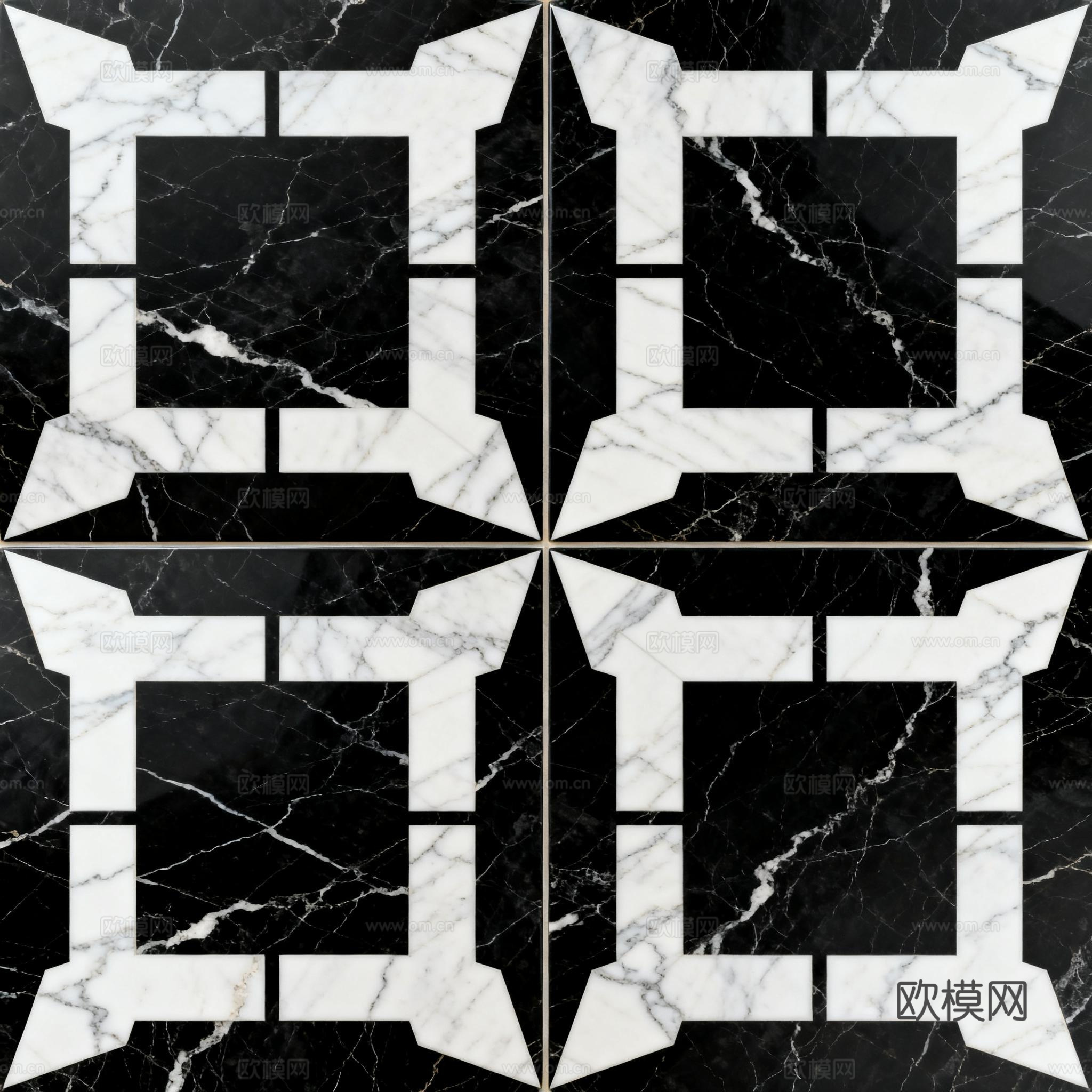 现代花砖 黑白石材拼花 花卉几何图案水刀石材拼花 石材马赛克