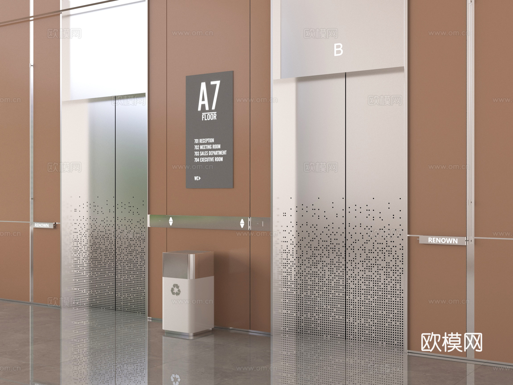 现代电梯厅 电梯间 电梯门 指示牌 垃圾桶su模型