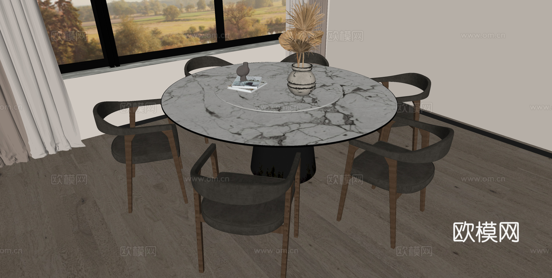 宋式餐桌椅组合 圆形餐桌 木制餐椅 木制餐桌su模型