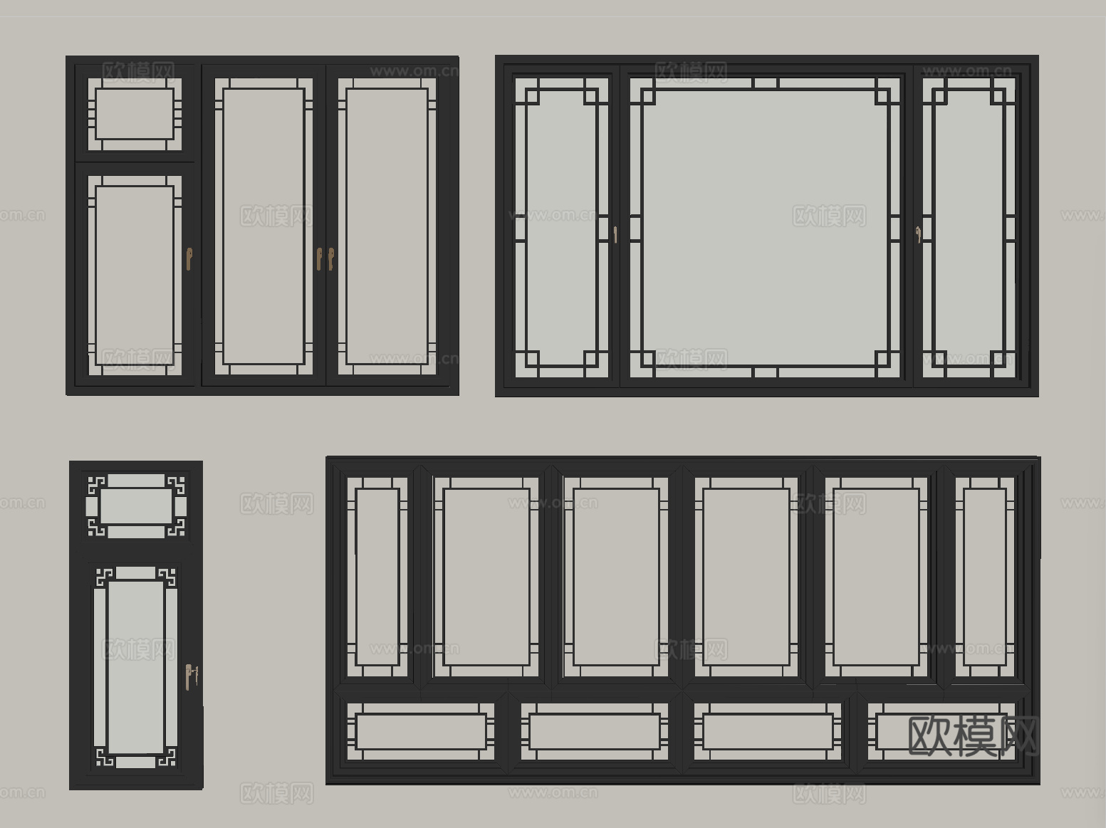 新中式窗户组合 落地窗 阳台窗su模型