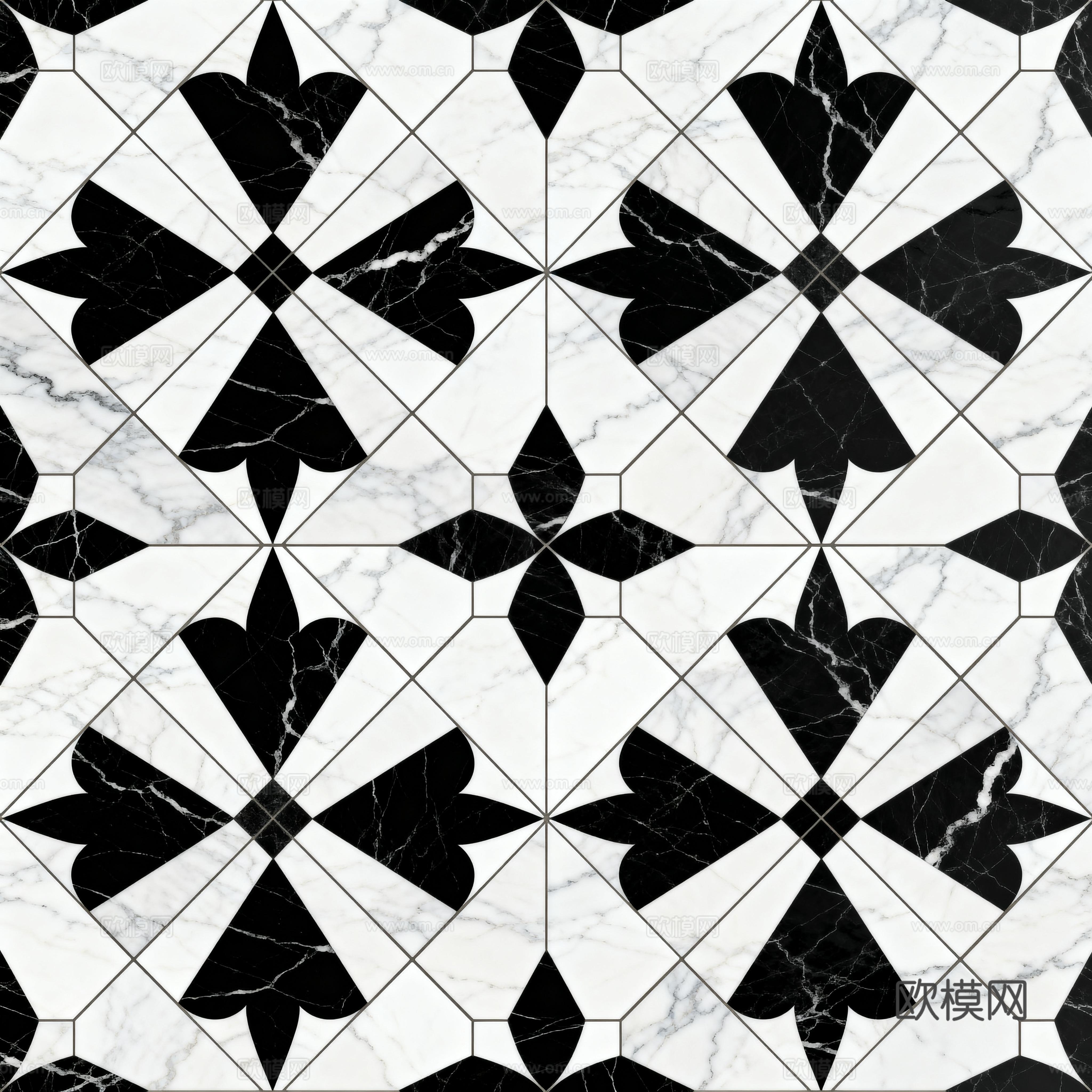 现代花砖 黑白石材拼花 花卉几何图案水刀石材拼花 石材马赛克
