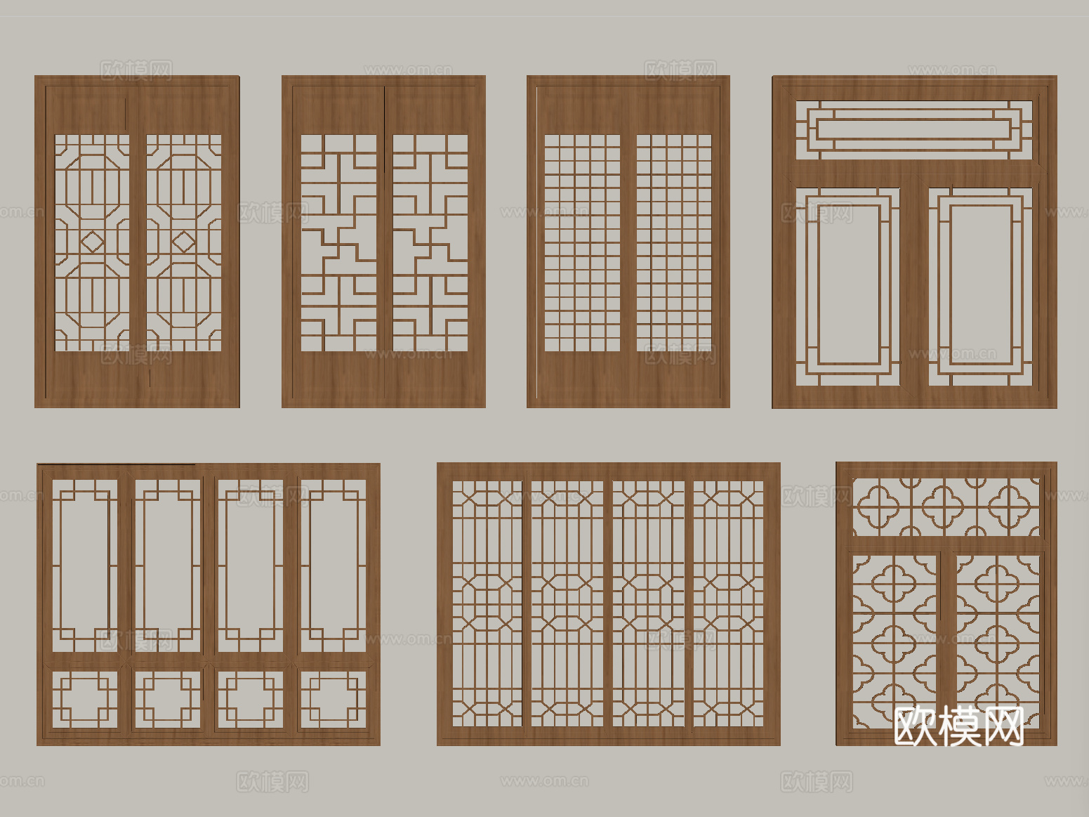 新中式镂花窗 雕花窗 花格窗 木质窗su模型