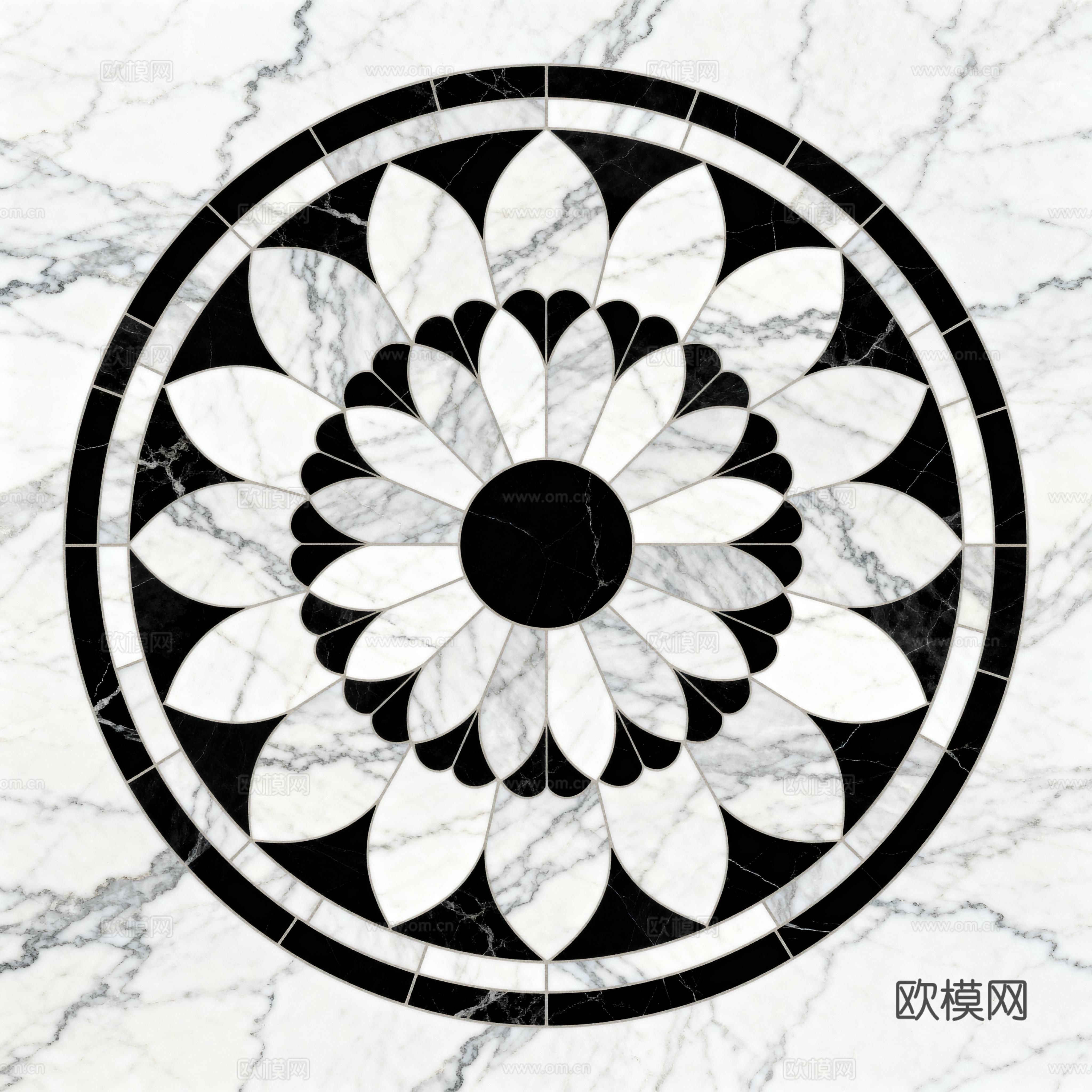 轻奢黑白拼花大理石 黑白石材圆形拼花 玄关圆形拼花